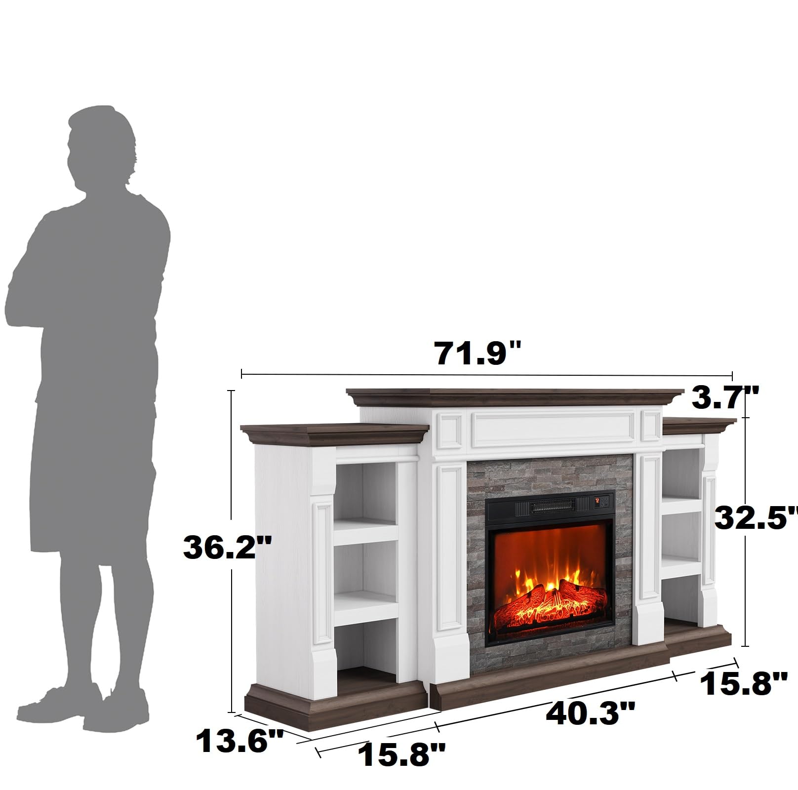 Naice 72" Electric Fireplace with Mantel and Cabinets, Fireplace TV Stand for Living Room Bedroom, Stacked Stone Surround and Remote Control 3D Realistic Flame, Black
