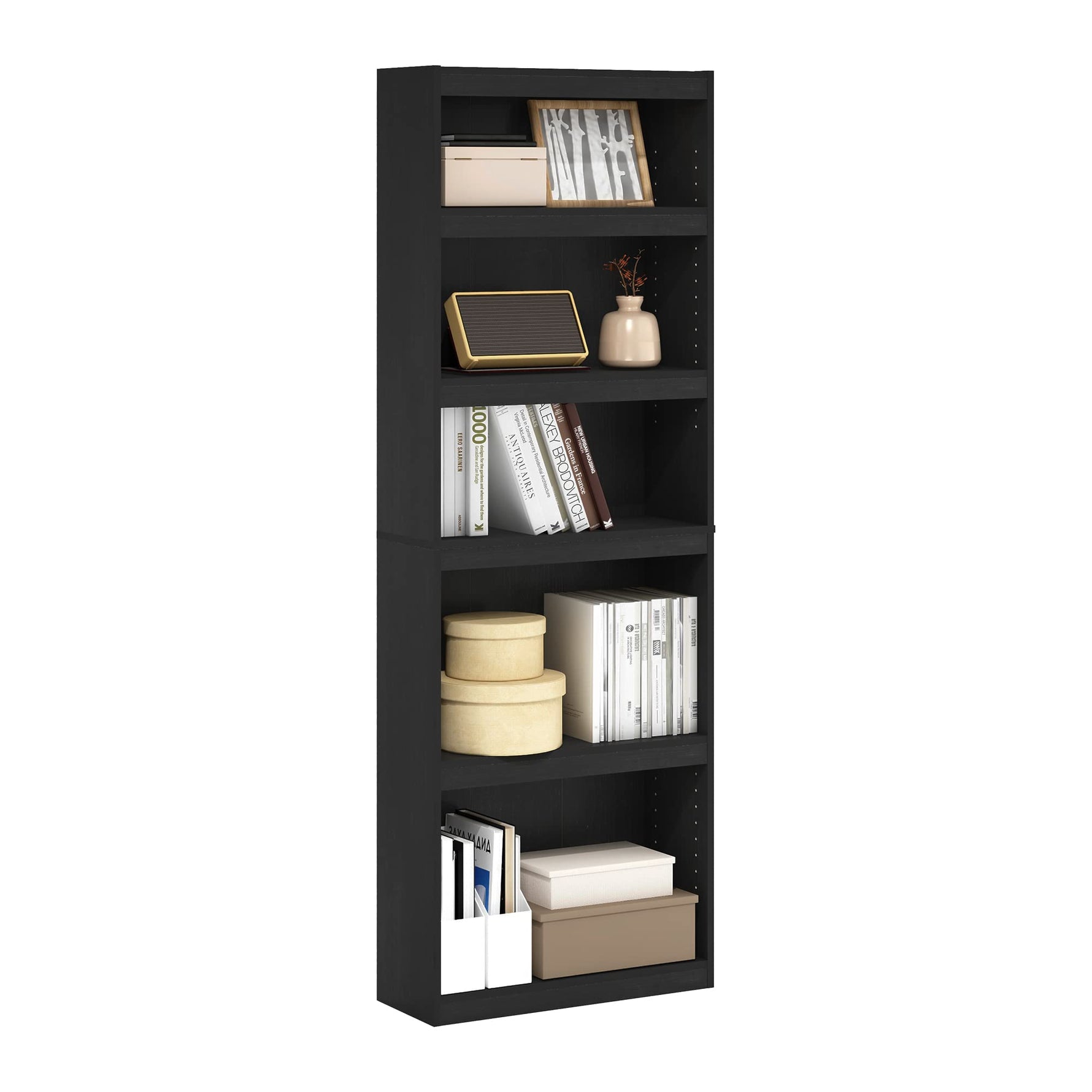 Furinno Jaya Book Shelf, 5-Tier Bookshelf, Bookcase with Adjustable Shelves, 9.5 x 24.5 x 71.2, for Organization and Storage, for Living Room, Bedroom, Home Office, Blackwood