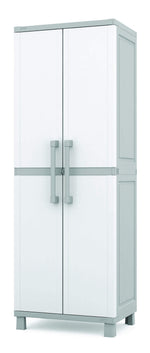 Keter Storage Cabinet with Doors and Shelves for Laundry Room, Garage, Bathroom Accessories, Closet and Home Organization, White & Grey