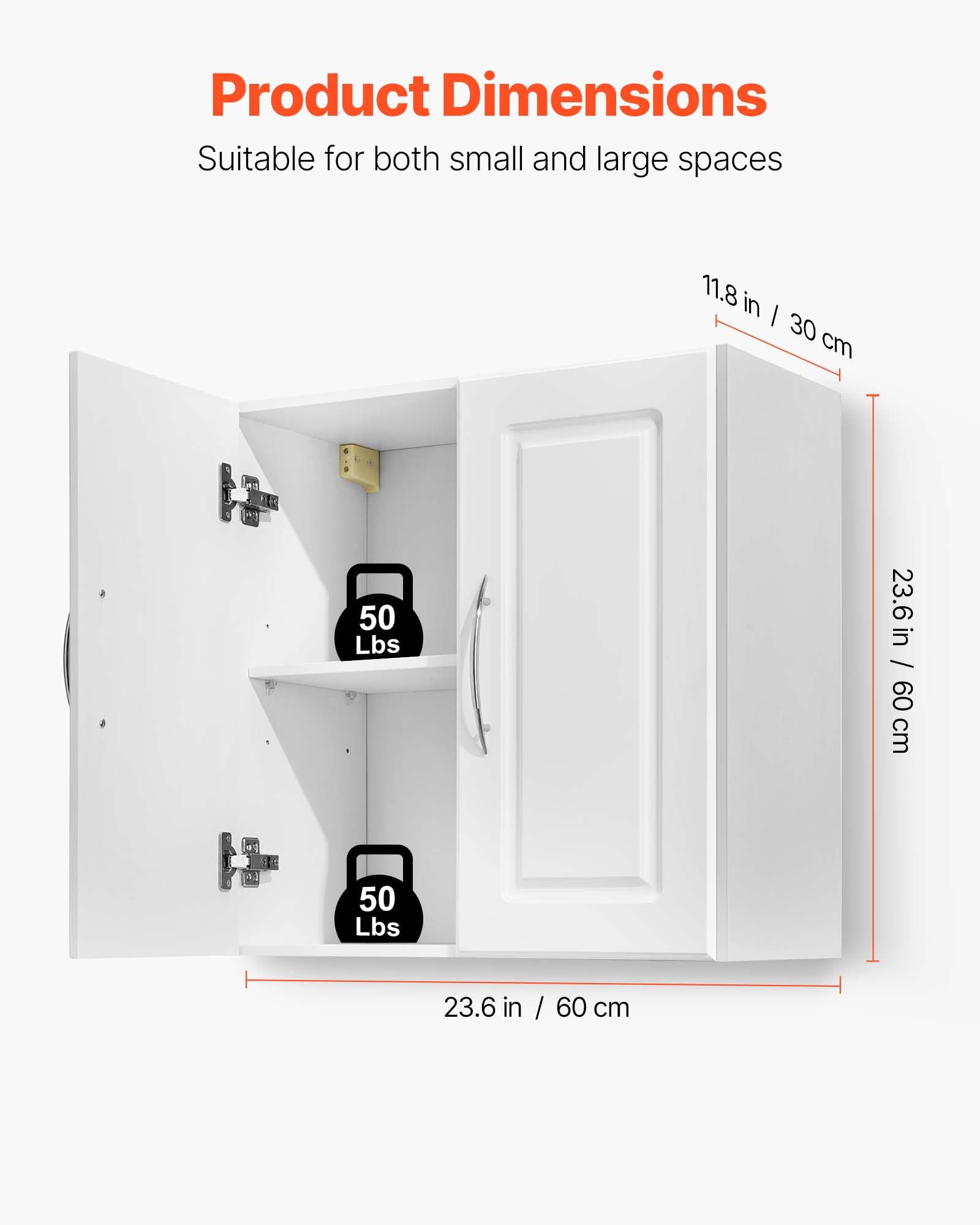 VEVOR Laundry Room Wall Cabinet, 2-Tier Wall Mounted Hanging Cabinet with Adjustable Shelf, Cupboard Storage with 2 Doors, for Kitchen, Bathroom, Laundry, 11.8 x 23.6 x 23.6 in (D x W x H), White