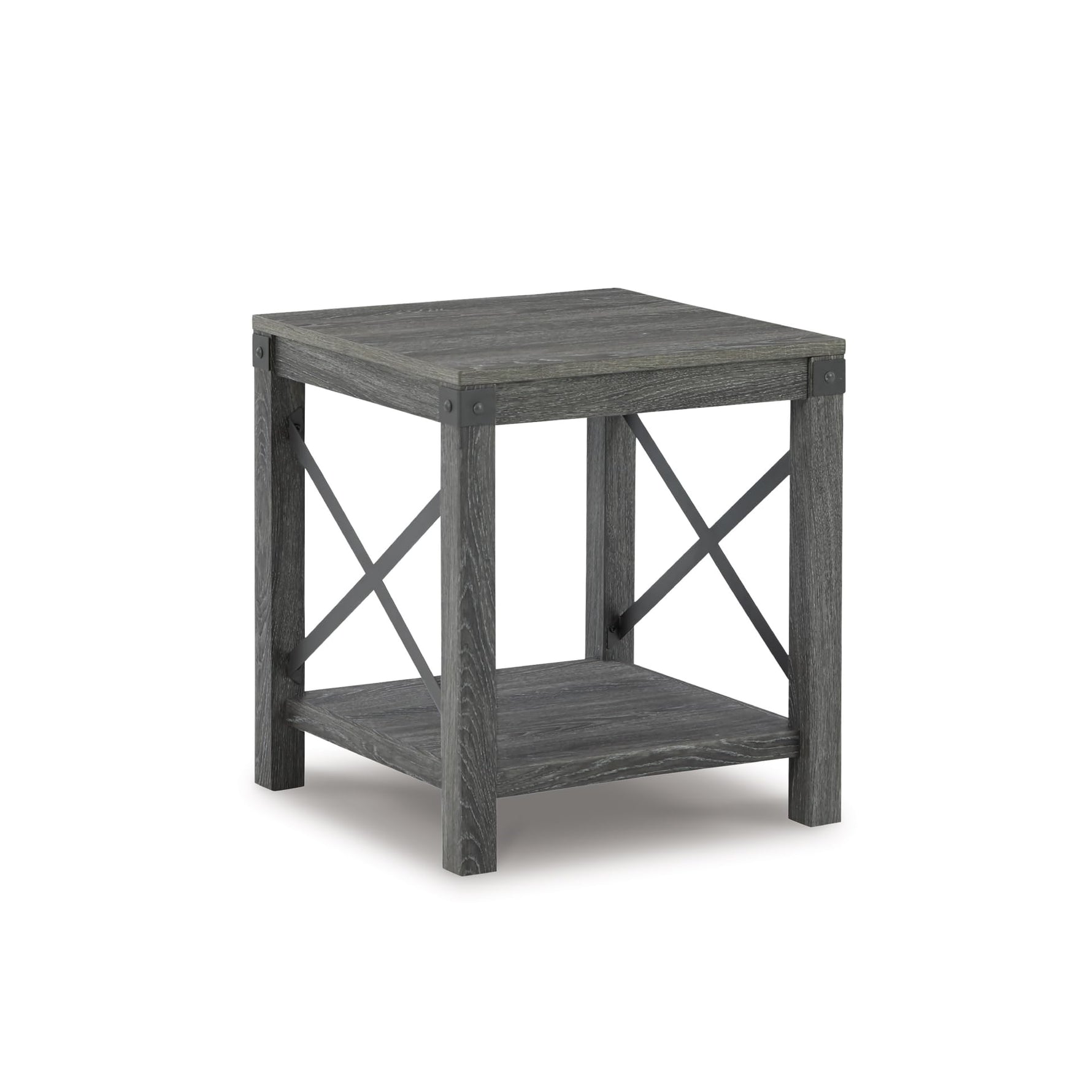 Signature Design by Ashley Aldwin Casual Farmhouse Rectangular End Table with Crossbuck Details, Metal Bracket Accents, Wood, 25" High, Weathered Gray