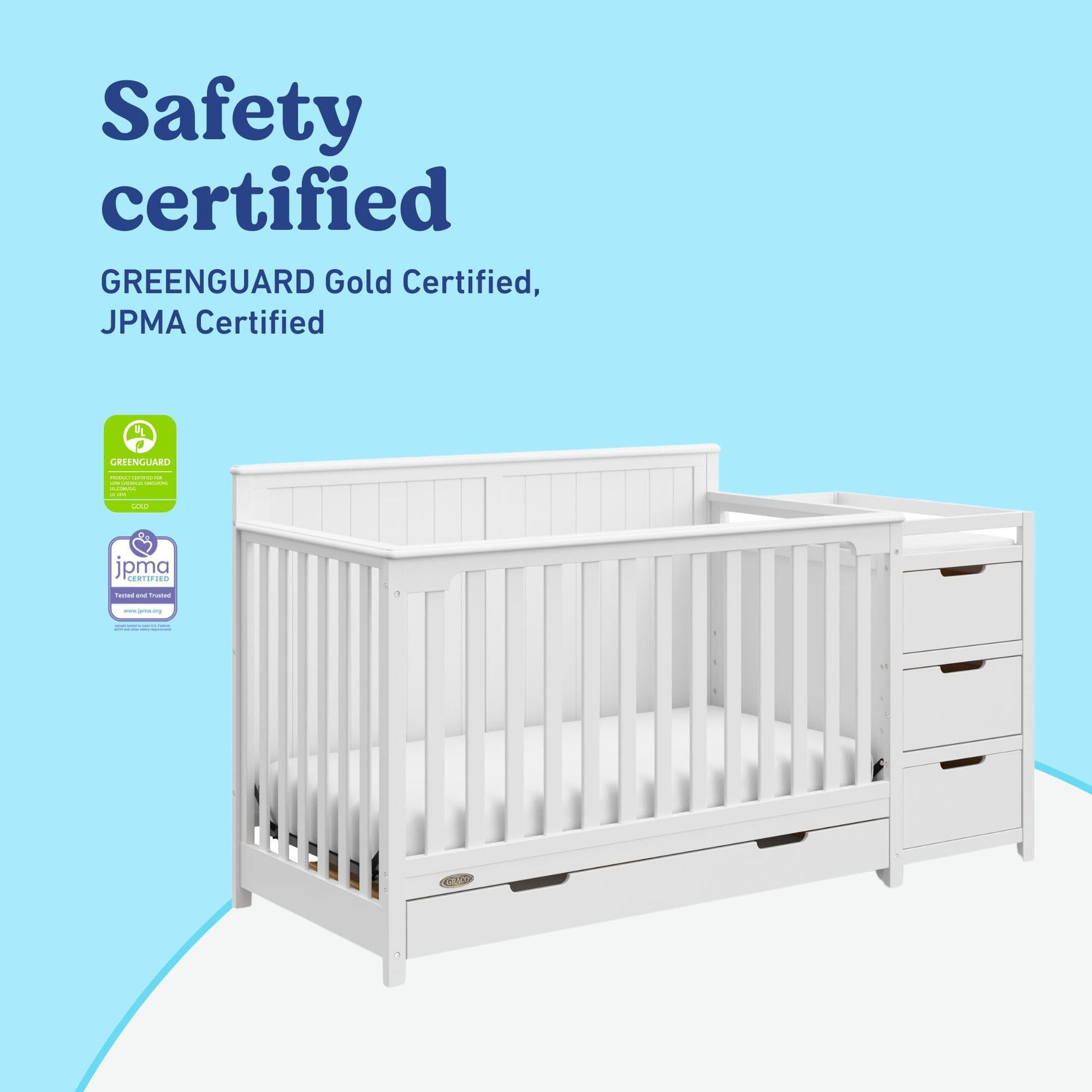 Graco Hadley 5-in-1 Convertible Crib with Drawer – GREENGUARD Gold Certified, Fits Standard Crib Mattress, Converts to Toddler Bed, Daybed and Full Bed, 4 Adjustable Mattress Heights (White)