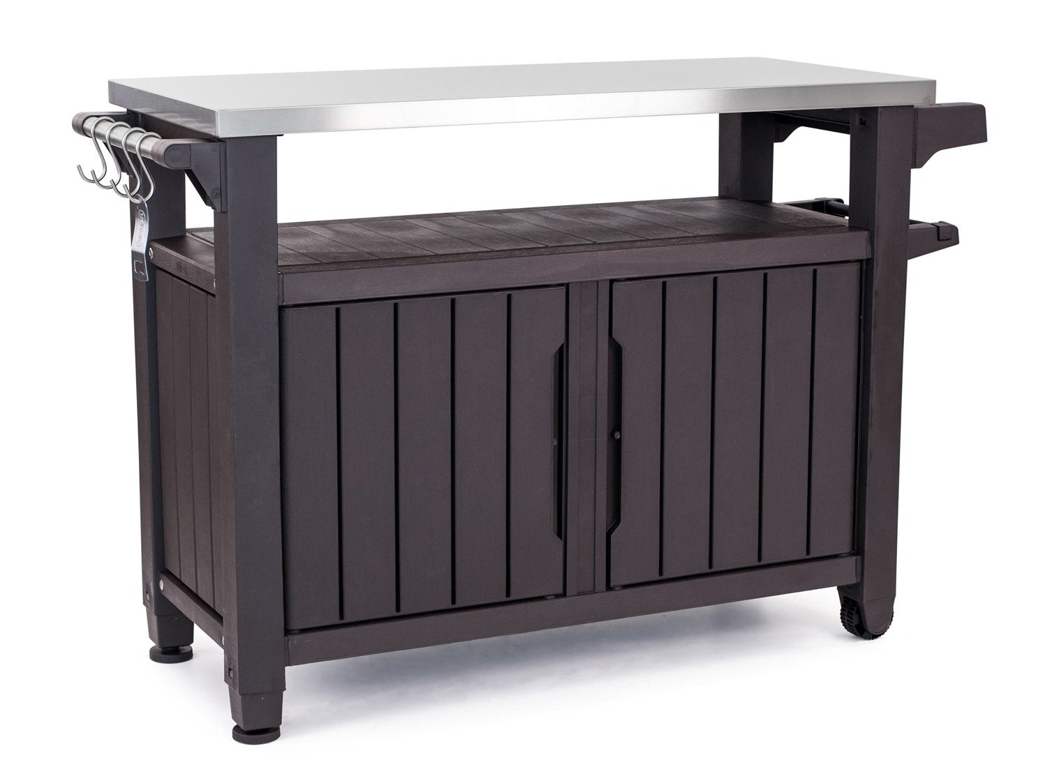 Keter Unity XL Portable Outdoor Table with Stainless Steel Top for Kitchen Prep and Outdoor Storage Cabinet for Grilling Accessories, Dark Grey
