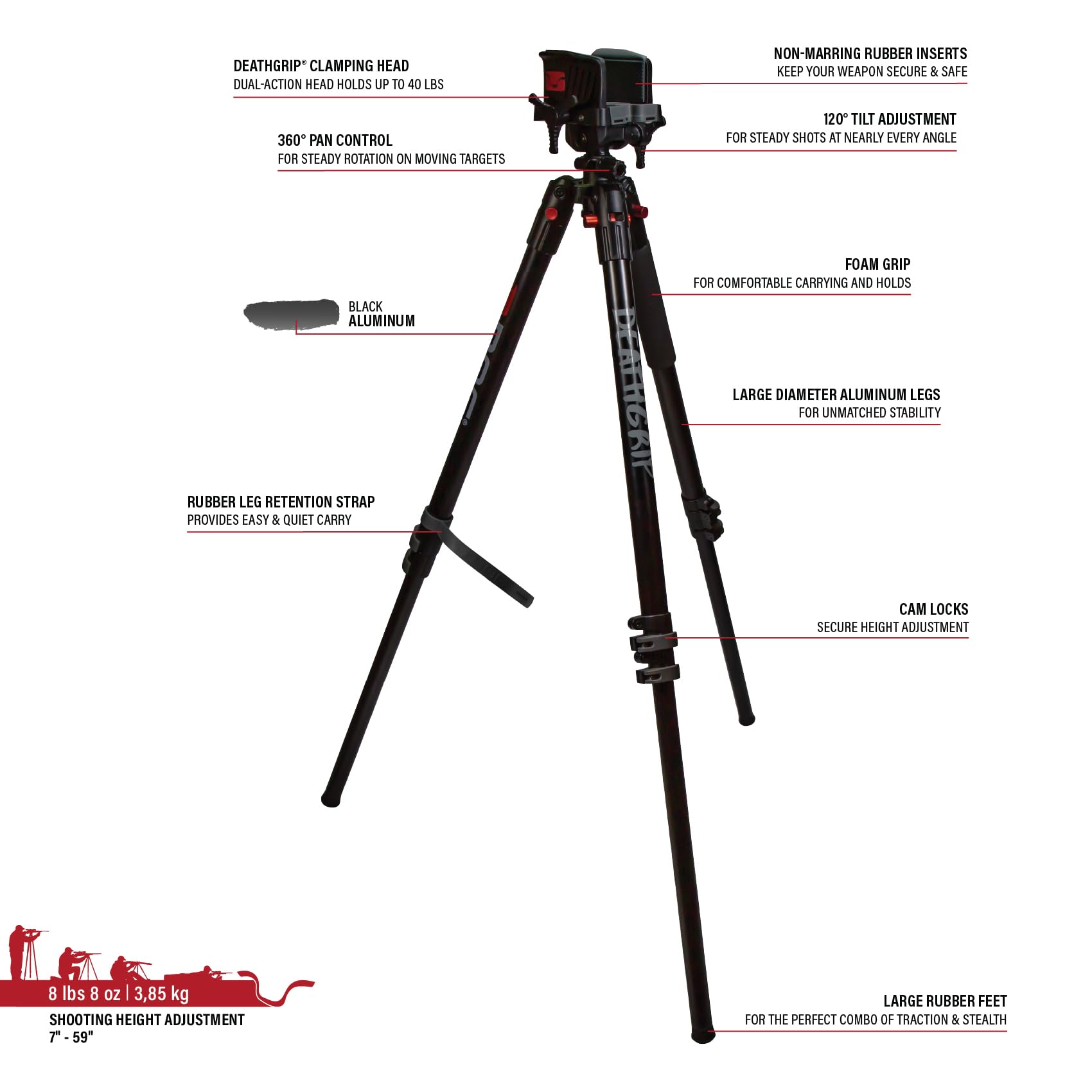 BOG DeathGrip Aluminum Tripod with Durable Aluminum Frame, Lightweight, Stable Design, Bubble Level, Adjustable Legs, Shooting Rest, and Hands-Free Operation for Hunting, Shooting, and Outdoors