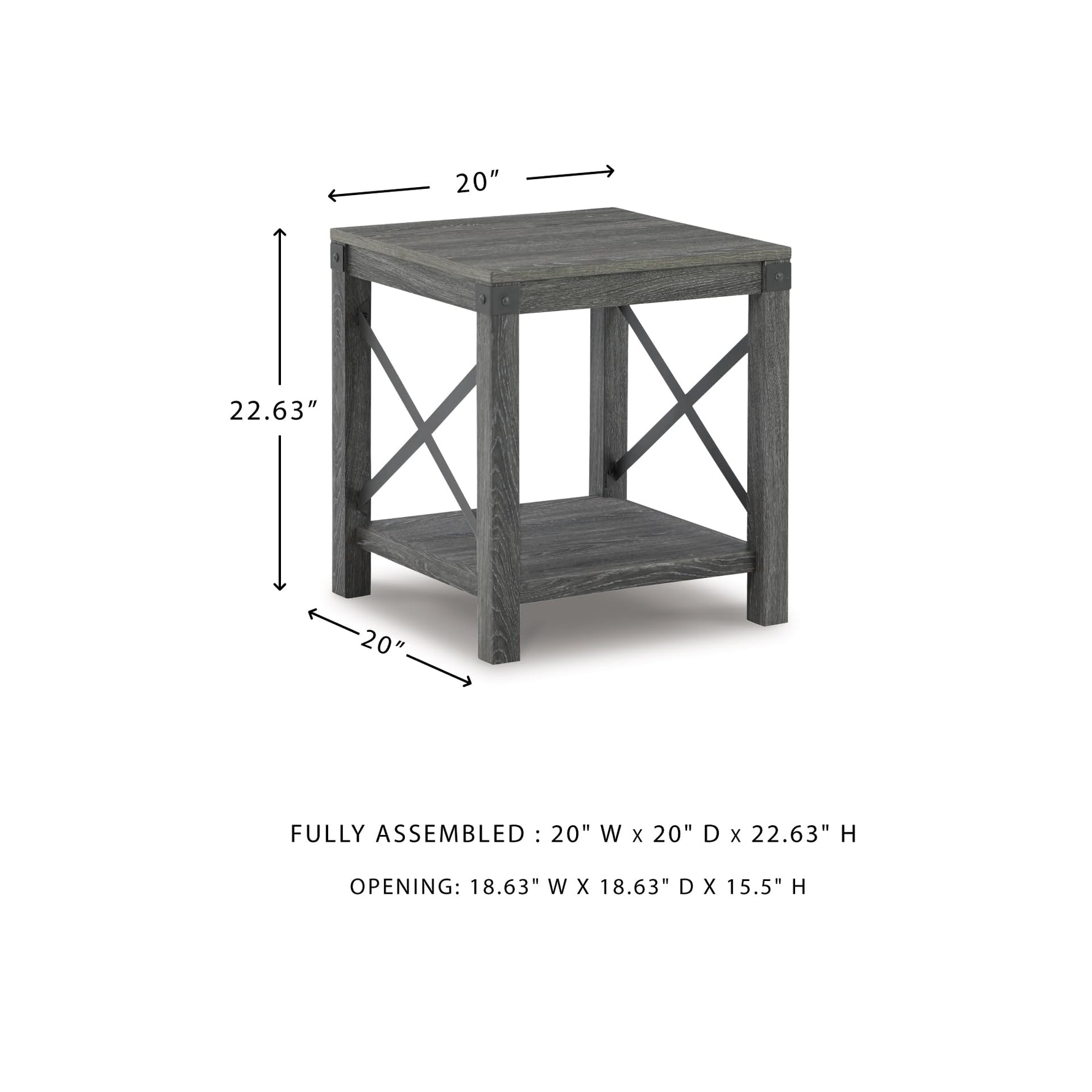 Signature Design by Ashley Aldwin Casual Farmhouse Rectangular End Table with Crossbuck Details, Metal Bracket Accents, Wood, 25" High, Weathered Gray