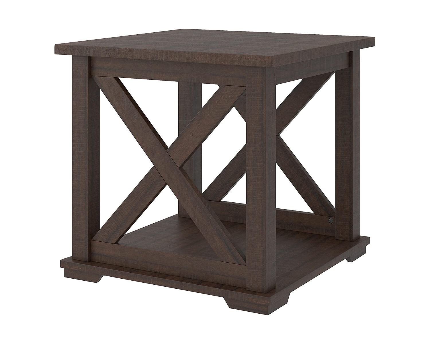 Signature Design by Ashley Aldwin Casual Farmhouse Rectangular End Table with Crossbuck Details, Metal Bracket Accents, Wood, 25" High, Weathered Gray