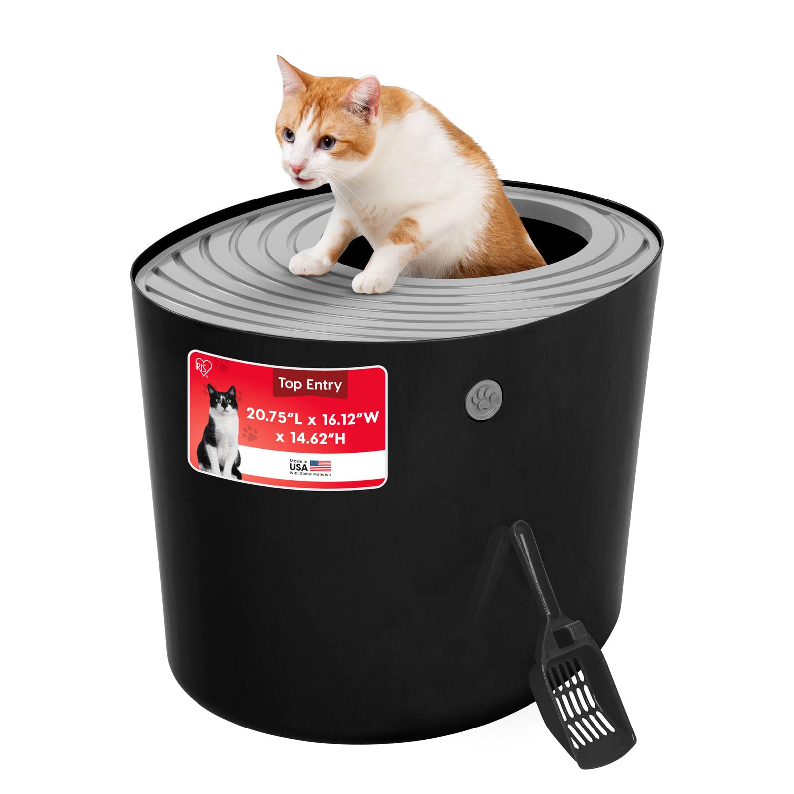 IRIS USA Cat Litter Box Large Top Entry with Lid Enclosed Covered Hooded Design Litter Catching Scatter Shield Pan Dog Proof Pet Proof Scoop Included Odor Control for Indoor Cats Kittens, Black/Gray