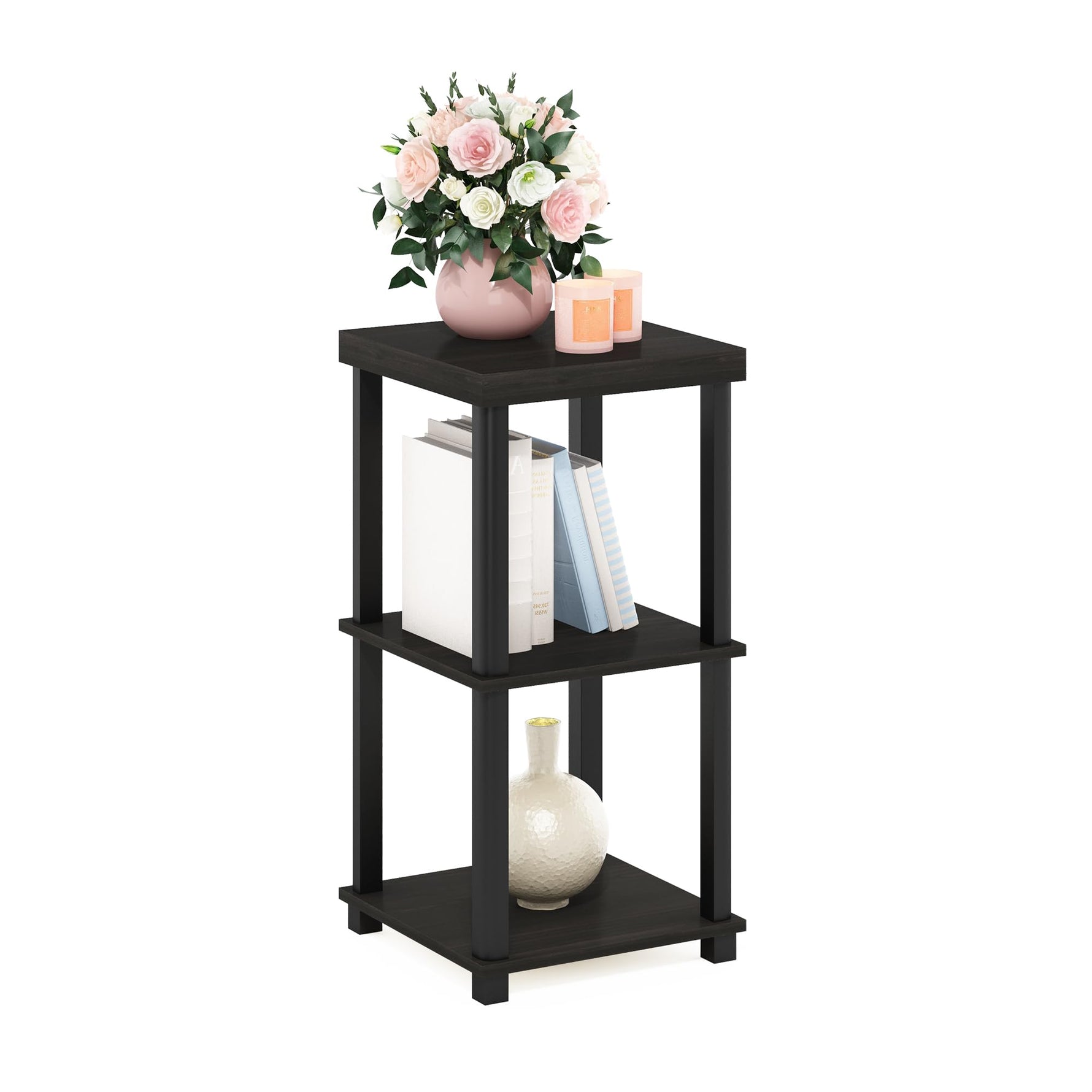 Furinno JUST Side Table, 3-Tier End Table, Open Shelves Night Stand, Bedside Table, Toolless Assembly, for Living Room, Bedroom, Bathroom, Columbia Walnut