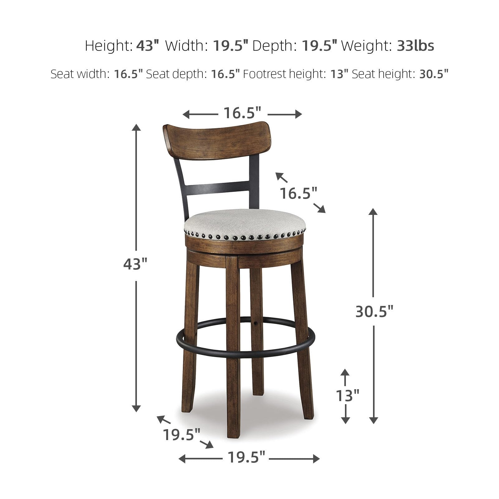 Signature Design by Ashley Valebeck Upholstered Swivel Stool, Cushioned Seat, Woven Fabric Upholstery, Wood, 24" H, Brown & Black