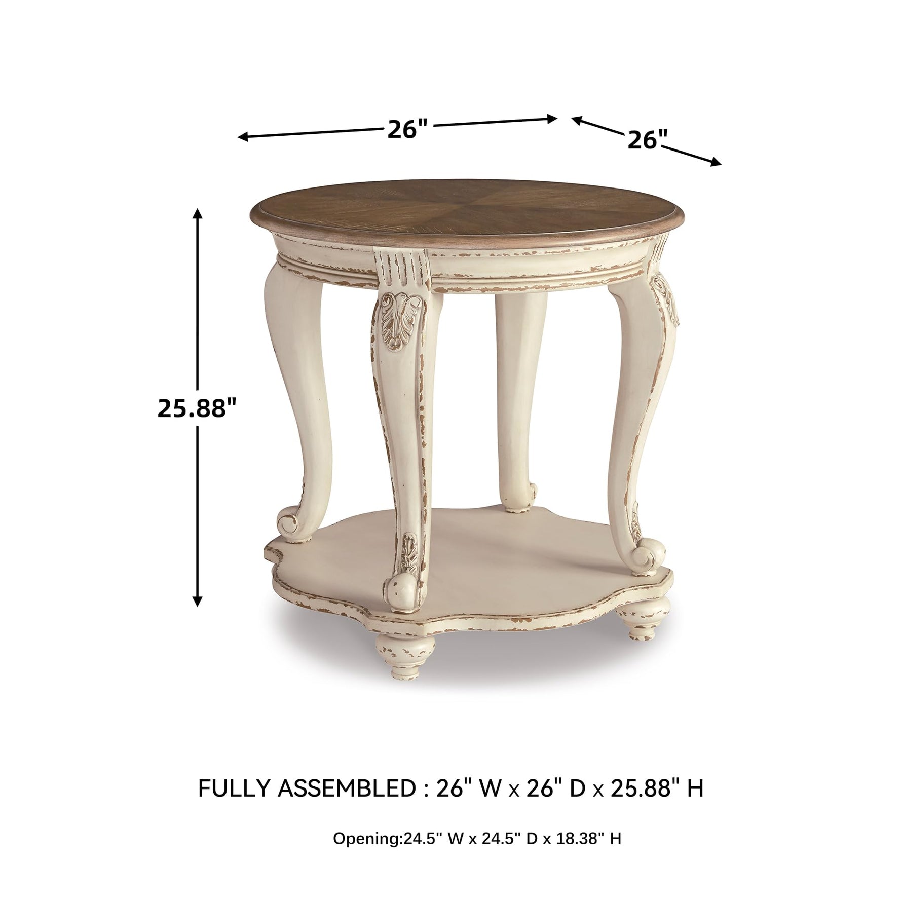 Signature Design by Ashley Realyn Round End Table, Cottage-Style Side Table with Antiqued Two-Tone Finish, Wood & Veneer Construction for Living Room or Bedroom, White/Brown