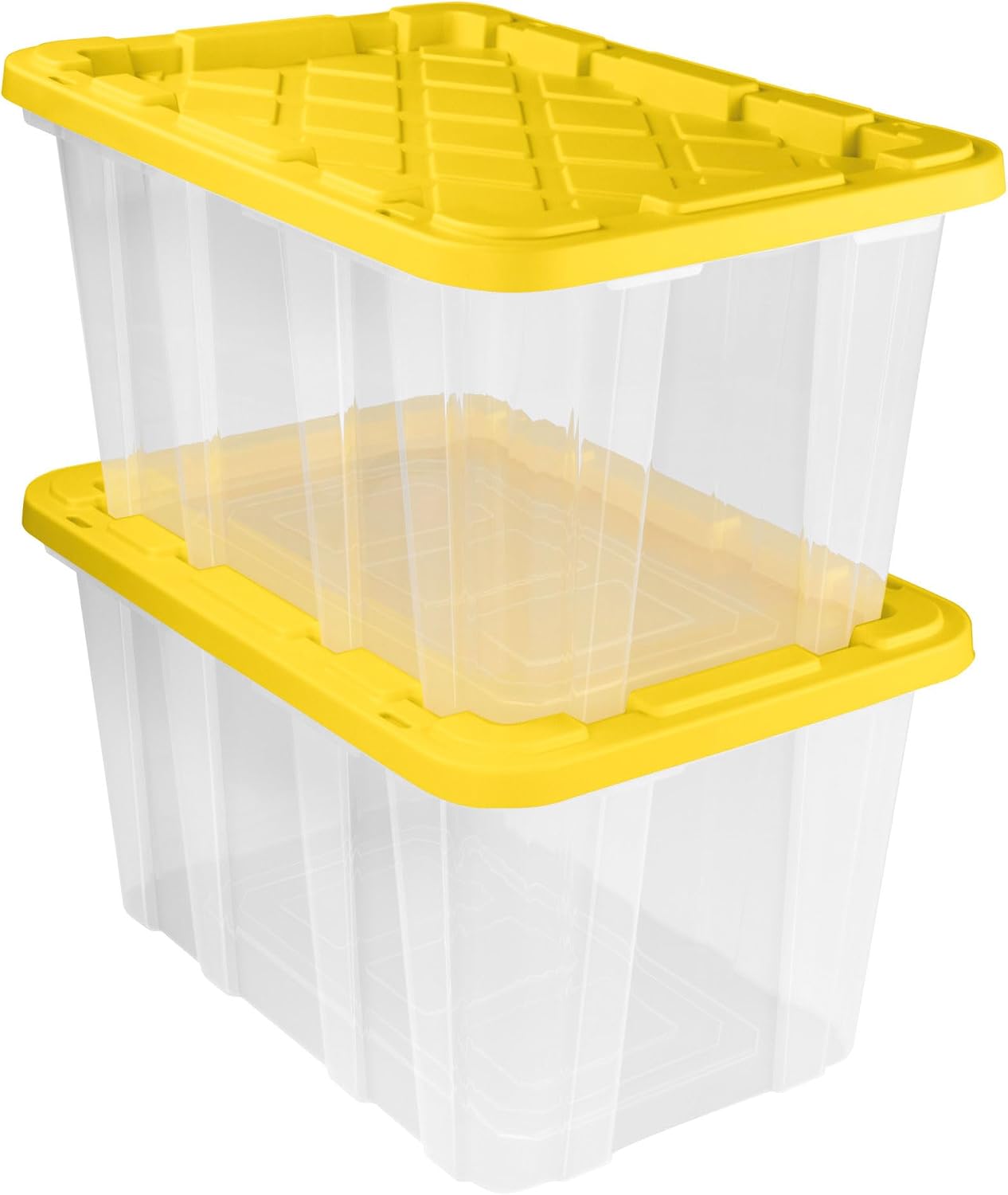 Sterilite Industrial Storage Tote with Lids for Garage, 27 Gallon, 4-Pack | Heavy-Duty and Stackable Utility Box Containers for Home, Office, and Basement Organization, Black/Yellow