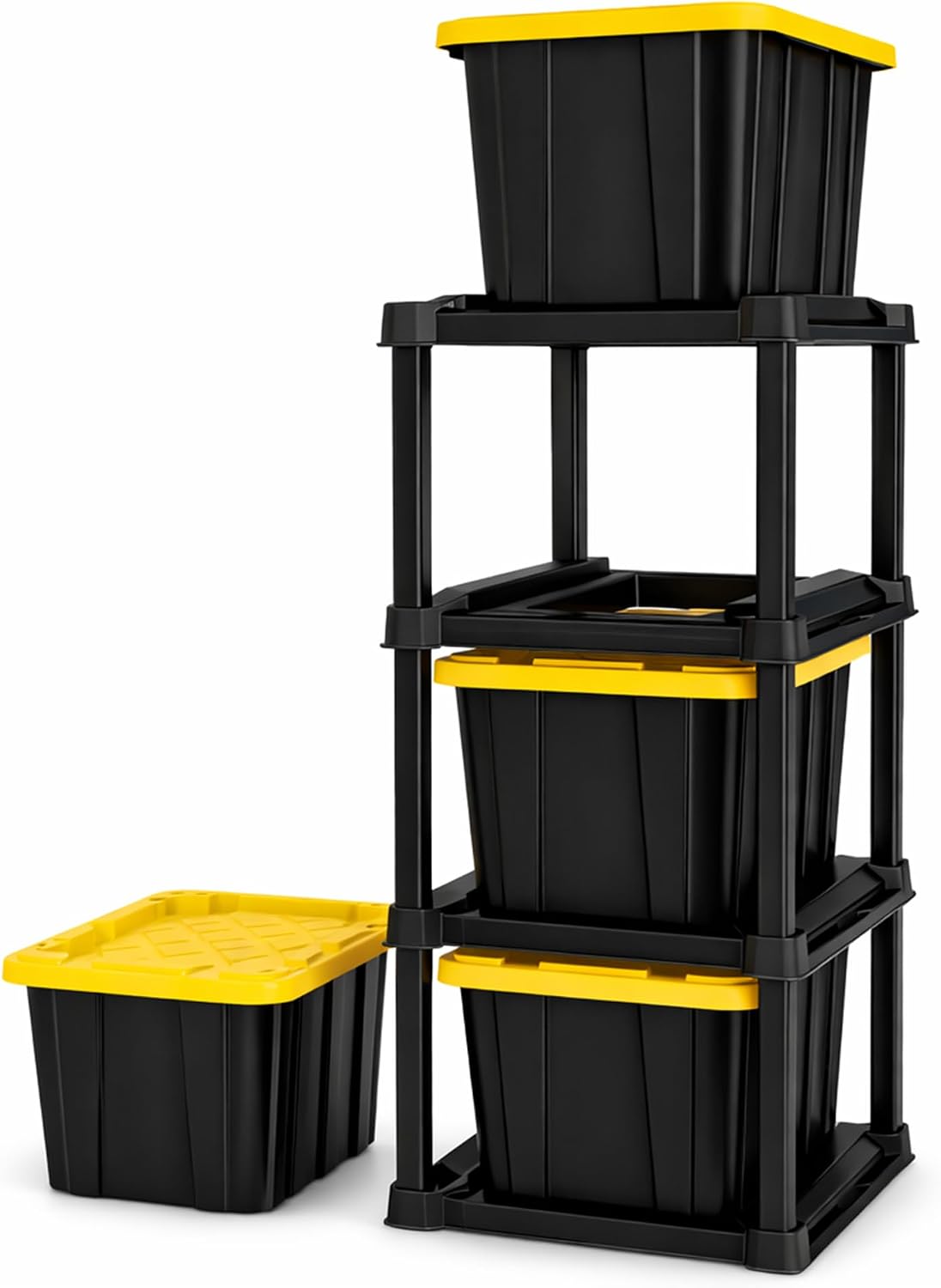 Sterilite Industrial Storage Tote with Lids for Garage, 27 Gallon, 4-Pack | Heavy-Duty and Stackable Utility Box Containers for Home, Office, and Basement Organization, Black/Yellow