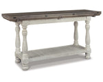 Signature Design by Ashley Havalance Farmhouse Sofa Table, Flip Top Design for Additional Dining Space and Fixed Lower Shelf, Gray & White with Weathered Finish