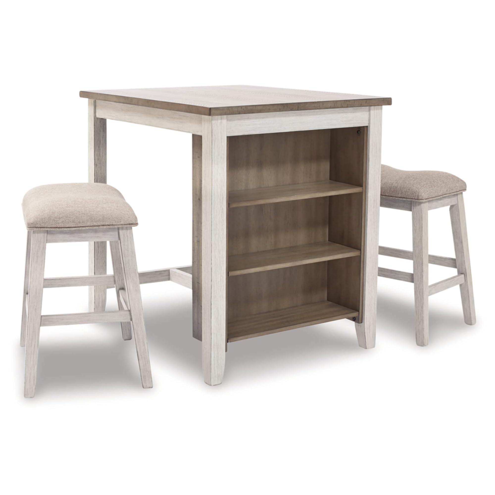 Signature Design by Ashley Skempton 3 Piece Counter Height Dining Set, Includes Table and 2 Barstools, Cushioned Seats, Wood, Whitewash