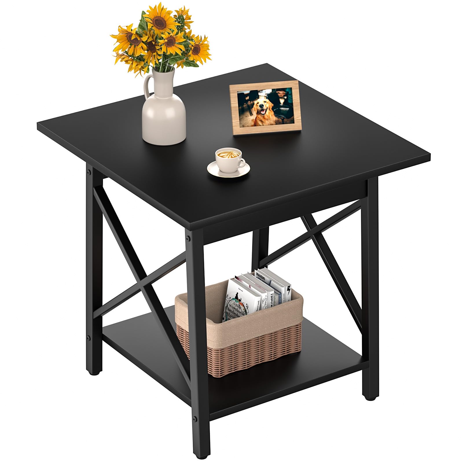 GreenForest End Table 24 inch for Living Room, Large Square Side Tables with X-Frame, Tall Industrial Bedside Nightstand with 2-Tier Storage, Rustic Walnut