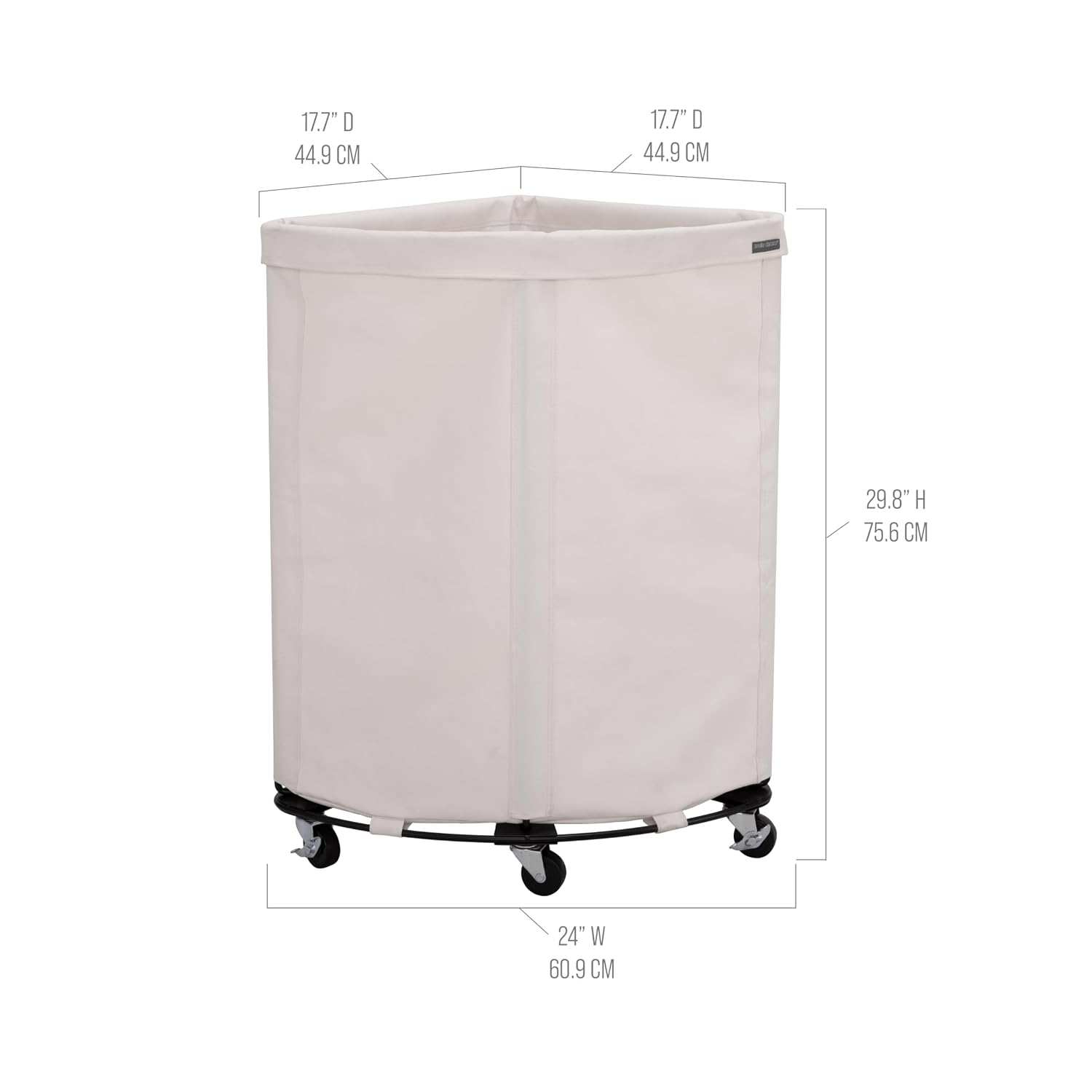 Corner Heavy-Duty Canvas Hamper w/Wheels, 24"W x 17.7"D, Natural White | Space-saving corner design holds 3 to 4 loads of laundry with a durable steel frame, smooth-rolling locking wheels