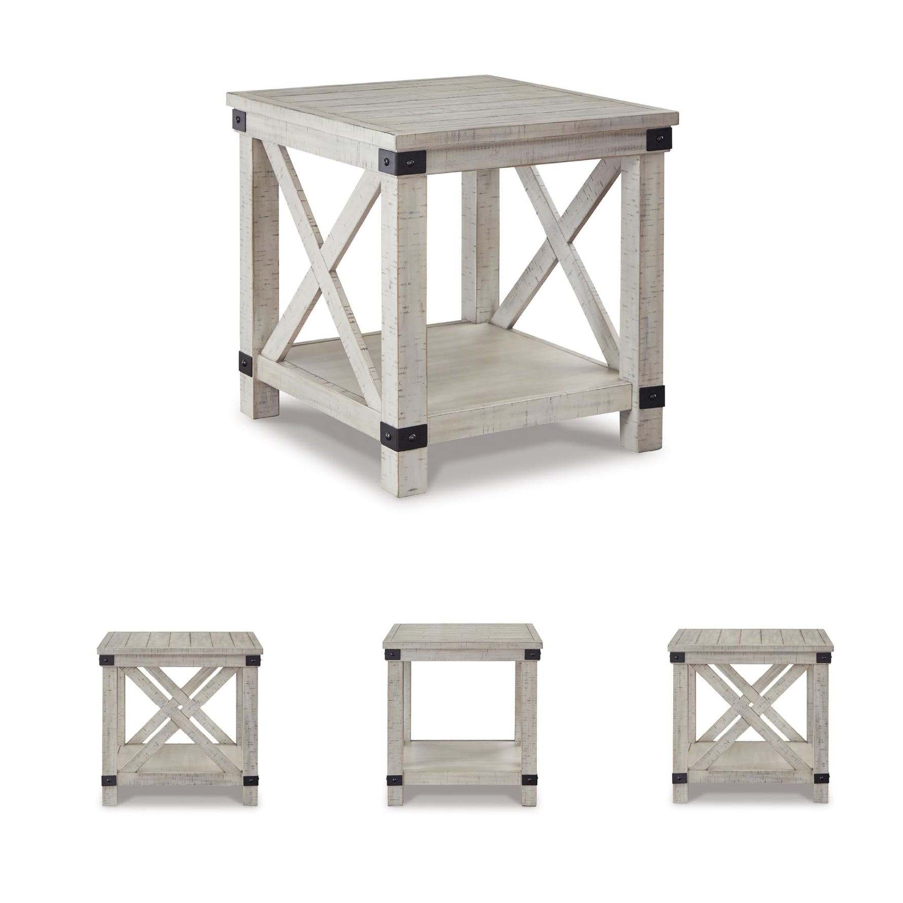 Signature Design by Ashley Aldwin Casual Farmhouse Rectangular End Table with Crossbuck Details, Metal Bracket Accents, Wood, 25" High, Weathered Gray