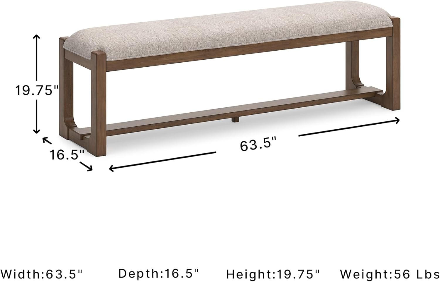 Signature Design by Ashley Cabalynn Farmhouse Upholstered Dining Bench, Foam Cushion, Hardwood Solids, 63.5" W x 16.5" D x 19.75" H, Beige & Light Brown