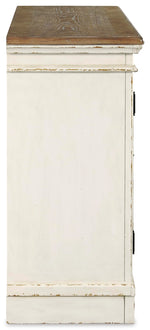 Signature Design by Ashley Realyn French Country Distressed Dining Room Server, 3 Drawers, 2 Cabinet Doors, Wood, 59" W x 17" D x 36.5" H, Chipped White