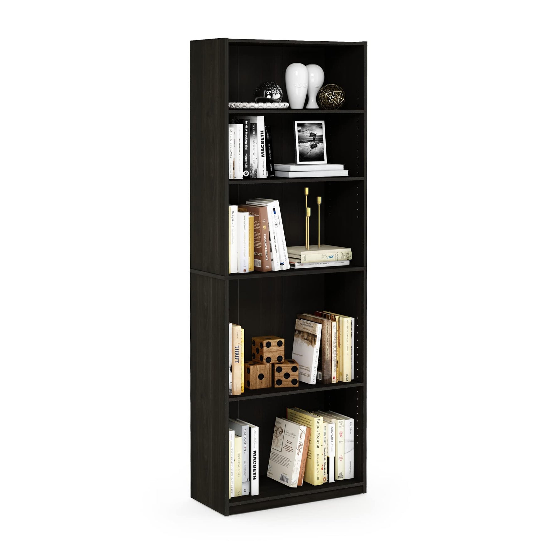 Furinno Jaya Book Shelf, 5-Tier Bookshelf, Bookcase with Adjustable Shelves, 9.5 x 24.5 x 71.2, for Organization and Storage, for Living Room, Bedroom, Home Office, Blackwood
