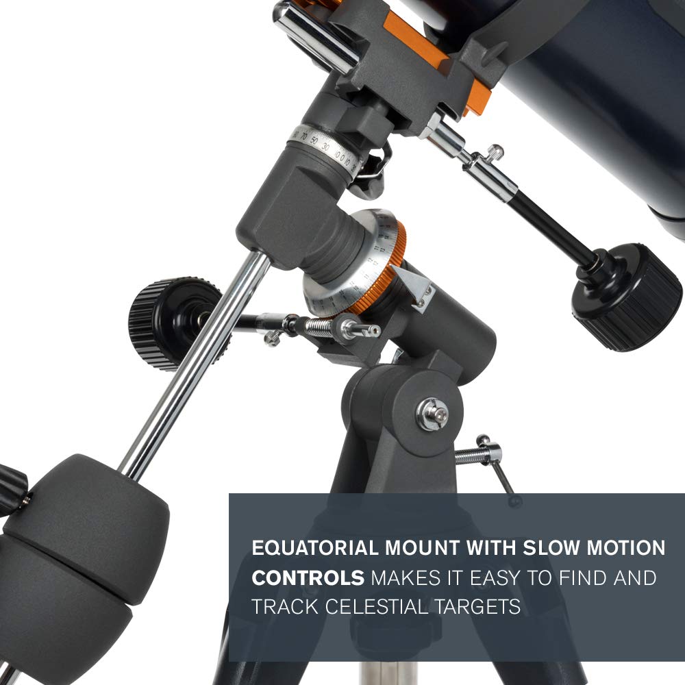 Celestron – AstroMaster 114EQ Newtonian Telescope – Manual Reflector for Beginners – Aluminized Mirror – Adjustable-Height Tripod – Includes Accessories Plus Astronomy Software Package