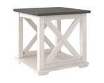 Signature Design by Ashley Aldwin Casual Farmhouse Rectangular End Table with Crossbuck Details, Metal Bracket Accents, Wood, 25" High, Weathered Gray