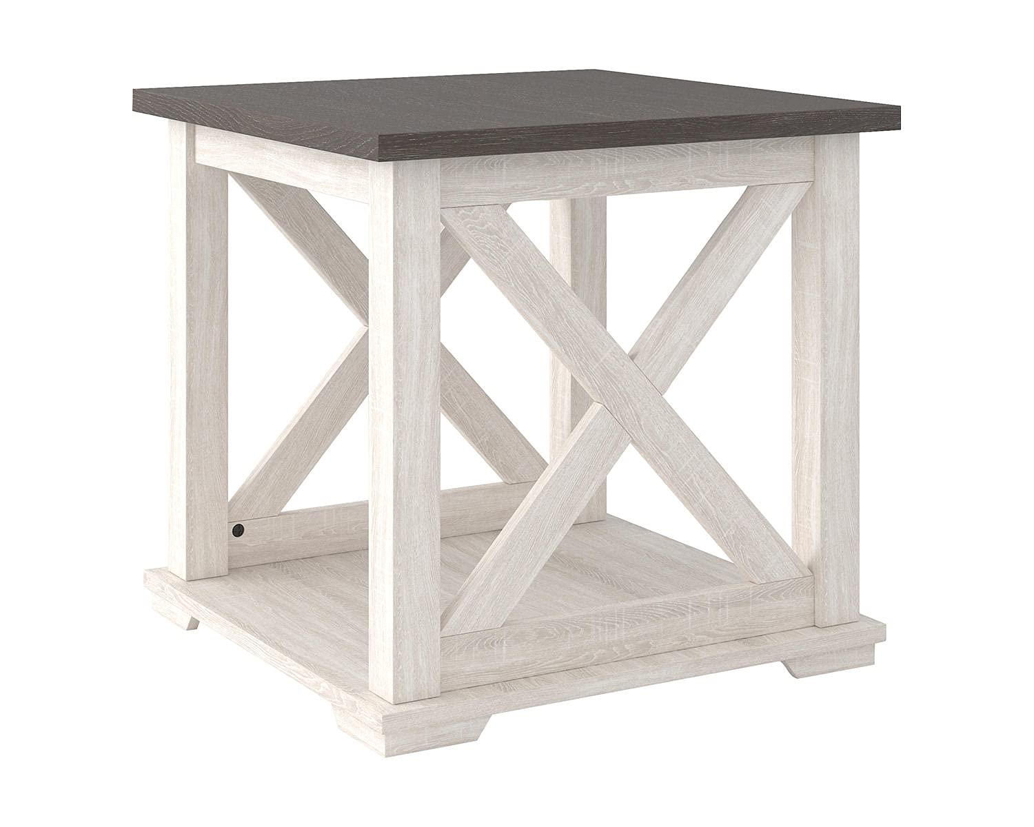 Signature Design by Ashley Aldwin Casual Farmhouse Rectangular End Table with Crossbuck Details, Metal Bracket Accents, Wood, 25" High, Weathered Gray