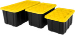 Sterilite Industrial Storage Tote with Lids for Garage, 27 Gallon, 4-Pack | Heavy-Duty and Stackable Utility Box Containers for Home, Office, and Basement Organization, Black/Yellow