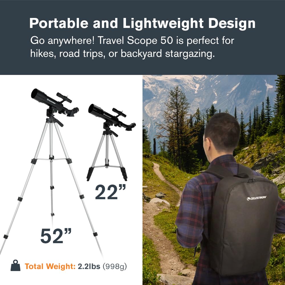Celestron Travel Scope 50 Portable Refractor Telescope – 50mm Aperture, Fully-Coated Glass Optics – Includes Tripod, Backpack & Software – Ideal for Beginners & Travel