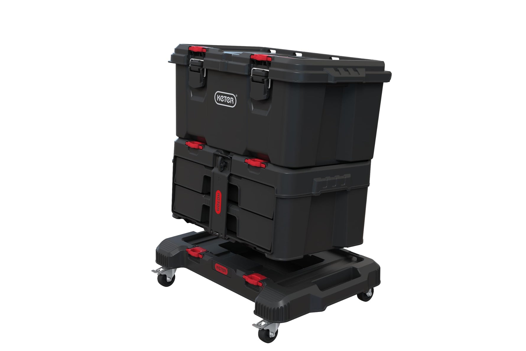 Keter Stack-n-Roll 3-Piece Rolling Tool Storage System – Includes Dolly, Tool Box & Deep Power Tool Case | Modular Mobile Tool Organizer | Stackable Design for Garage, Jobsite & Workshop
