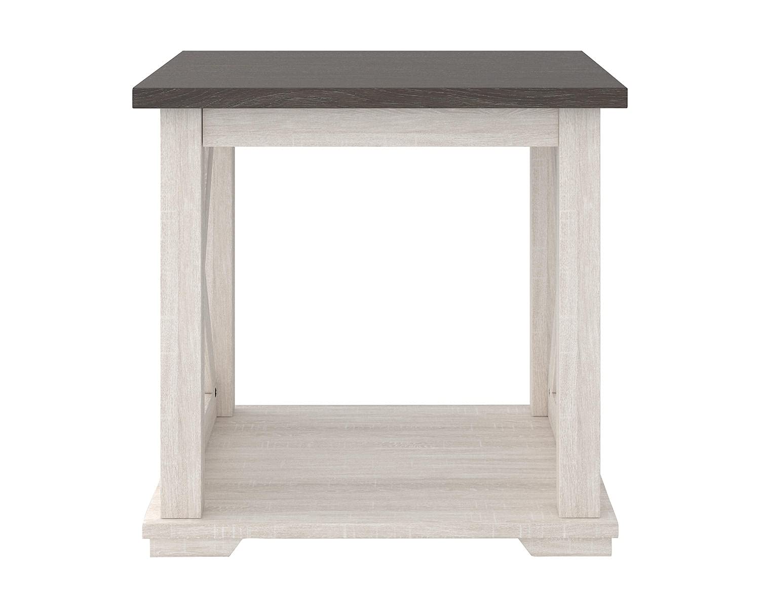 Signature Design by Ashley Aldwin Casual Farmhouse Rectangular End Table with Crossbuck Details, Metal Bracket Accents, Wood, 25" High, Weathered Gray