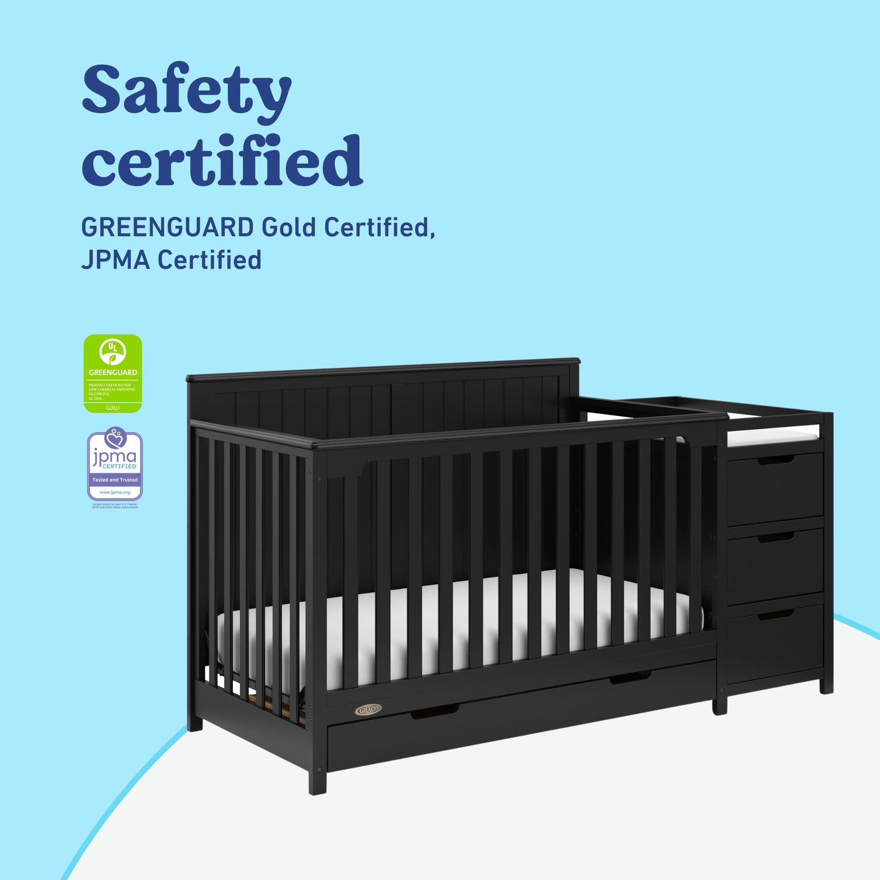 Graco Hadley 5-in-1 Convertible Crib with Drawer – GREENGUARD Gold Certified, Fits Standard Crib Mattress, Converts to Toddler Bed, Daybed and Full Bed, 4 Adjustable Mattress Heights (White)