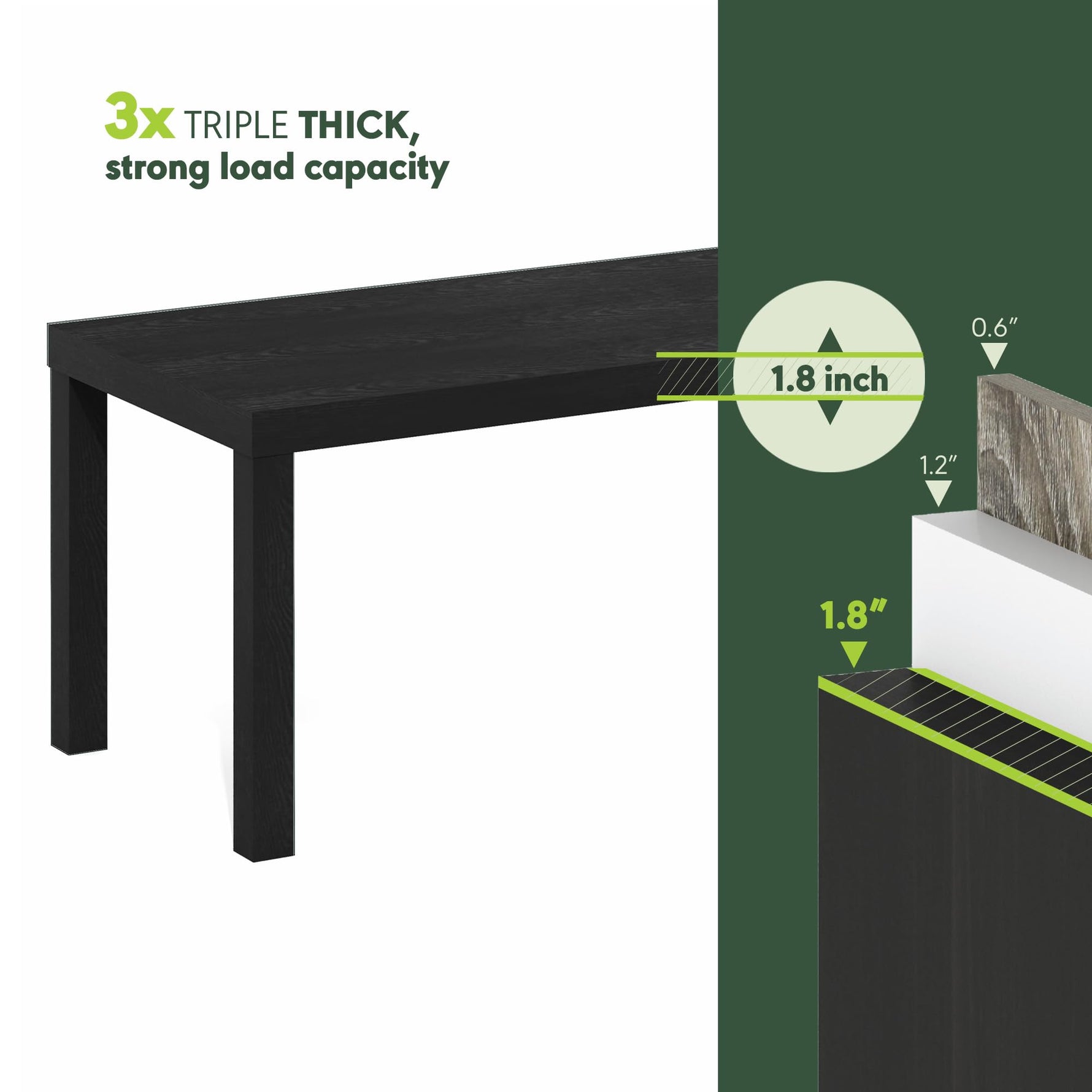 Furinno CLASSIC Coffee Table, Modern Rectangle Coffee Table with 1.8" Triple Thick Tabletop, Side Table, Toolless Assembly, for Living Room, Home Office, Black