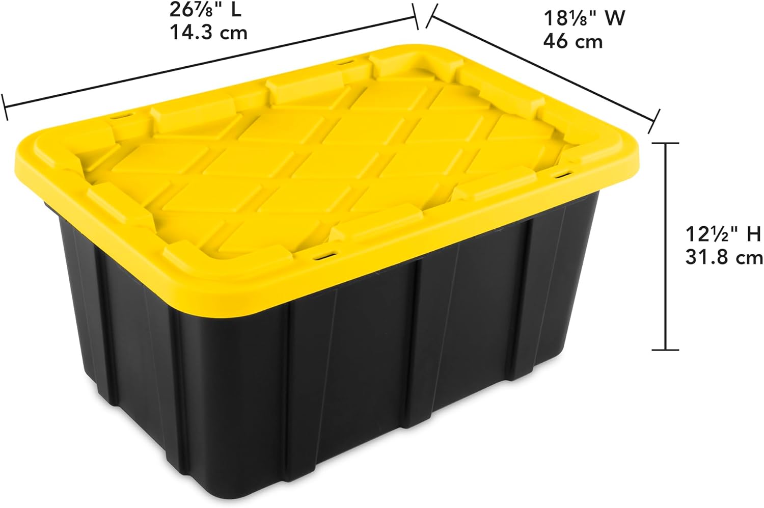Sterilite Industrial Storage Tote with Lids for Garage, 27 Gallon, 4-Pack | Heavy-Duty and Stackable Utility Box Containers for Home, Office, and Basement Organization, Black/Yellow