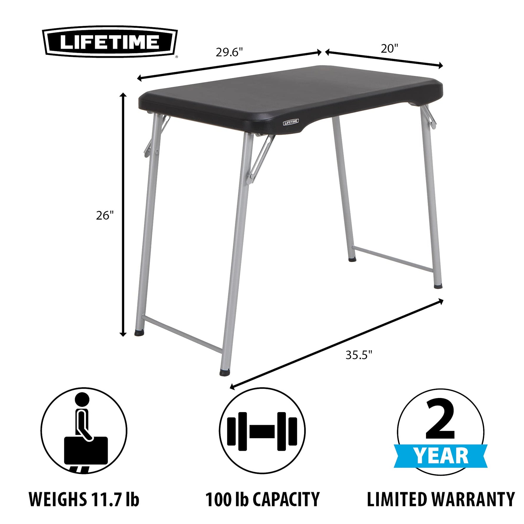 LIFETIME Stacking Compact Folding Table, 30 in. x 20 in., Black and Silver, Indoor/Outdoor
