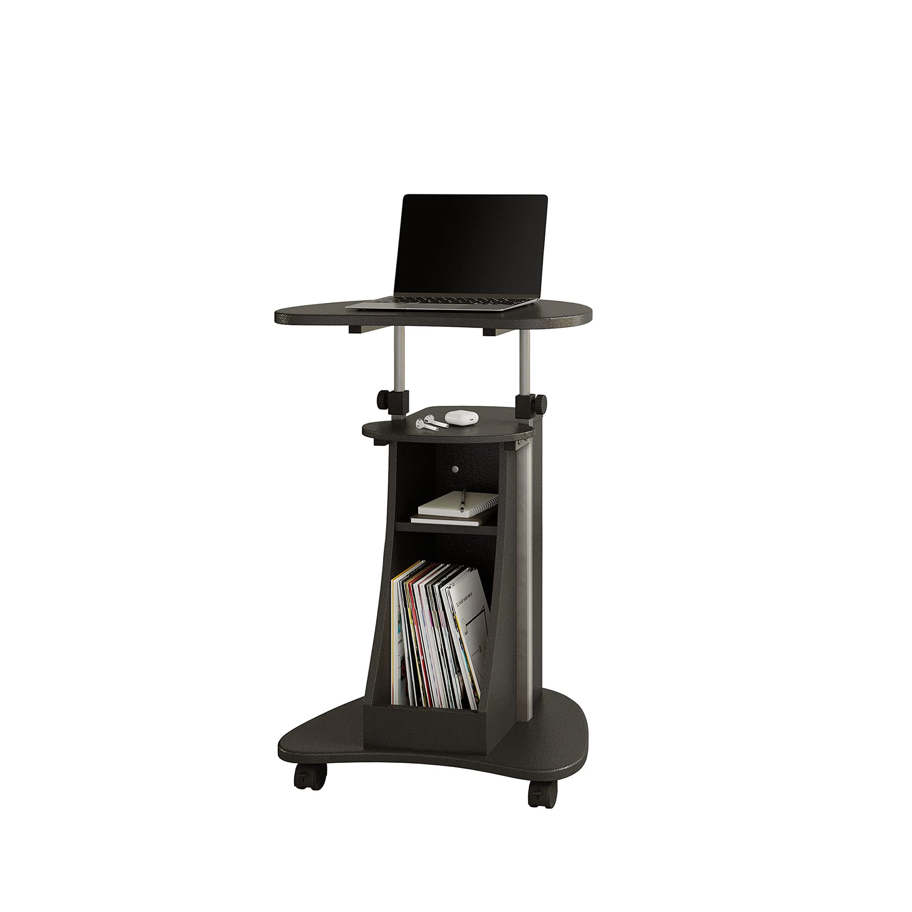Techni Mobili Sit-to-Stand Rolling Adjustable Height Laptop Cart with Storage, Graphite, 22 x 16 x 46