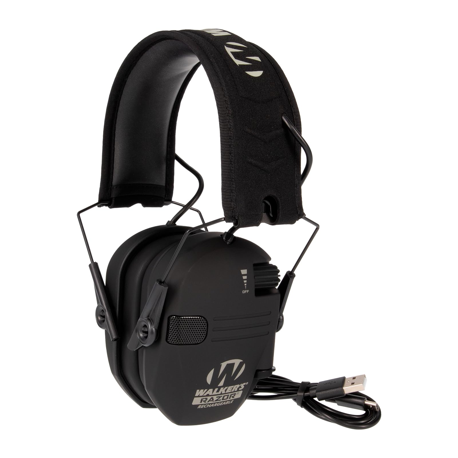WALKER'S Razor Rechargeable Electronic Muff - HD Speakers 21dB NRR Compact Collapsible Hunting Shooting Hearing Protection Earmuffs, USB Charging Cable Included, Black