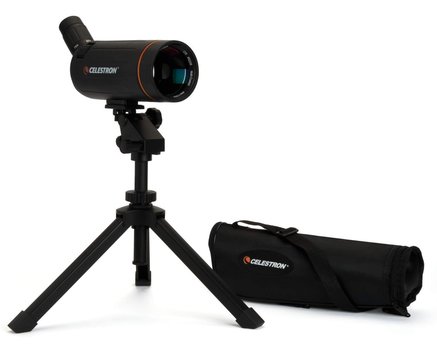 Celestron Mini Mak 70mm Angled Spotting Scope – Maksutov Spotting Scope – Great for Long Range Viewing – 25–75x Zoom Eyepiece – Multi-Coated Optics – Rubber Armored – Tabletop Tripod Included