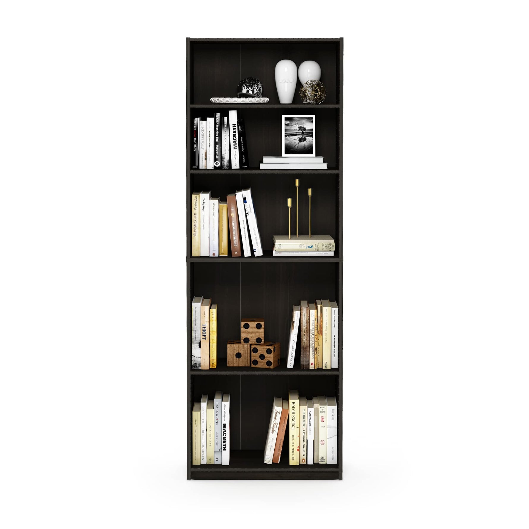 Furinno Jaya Book Shelf, 5-Tier Bookshelf, Bookcase with Adjustable Shelves, 9.5 x 24.5 x 71.2, for Organization and Storage, for Living Room, Bedroom, Home Office, Blackwood