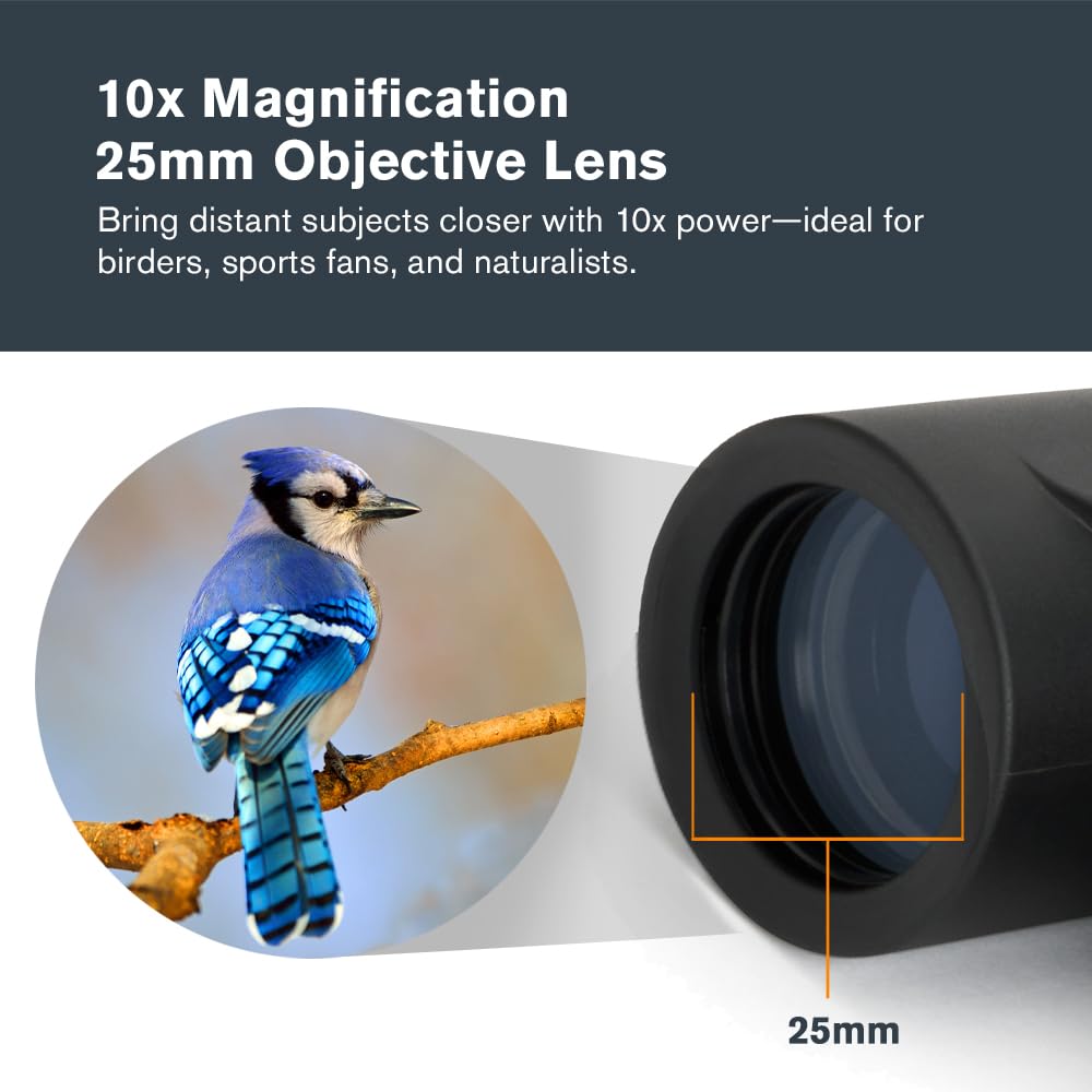 Celestron - Outland X 10x25 Binoculars – Ideal for Birding and Outdoors – 25mm Objective Lenses – 6.2° Field of View – BaK-4 Prisms – Multi-Coated – Waterproof and Fogproof