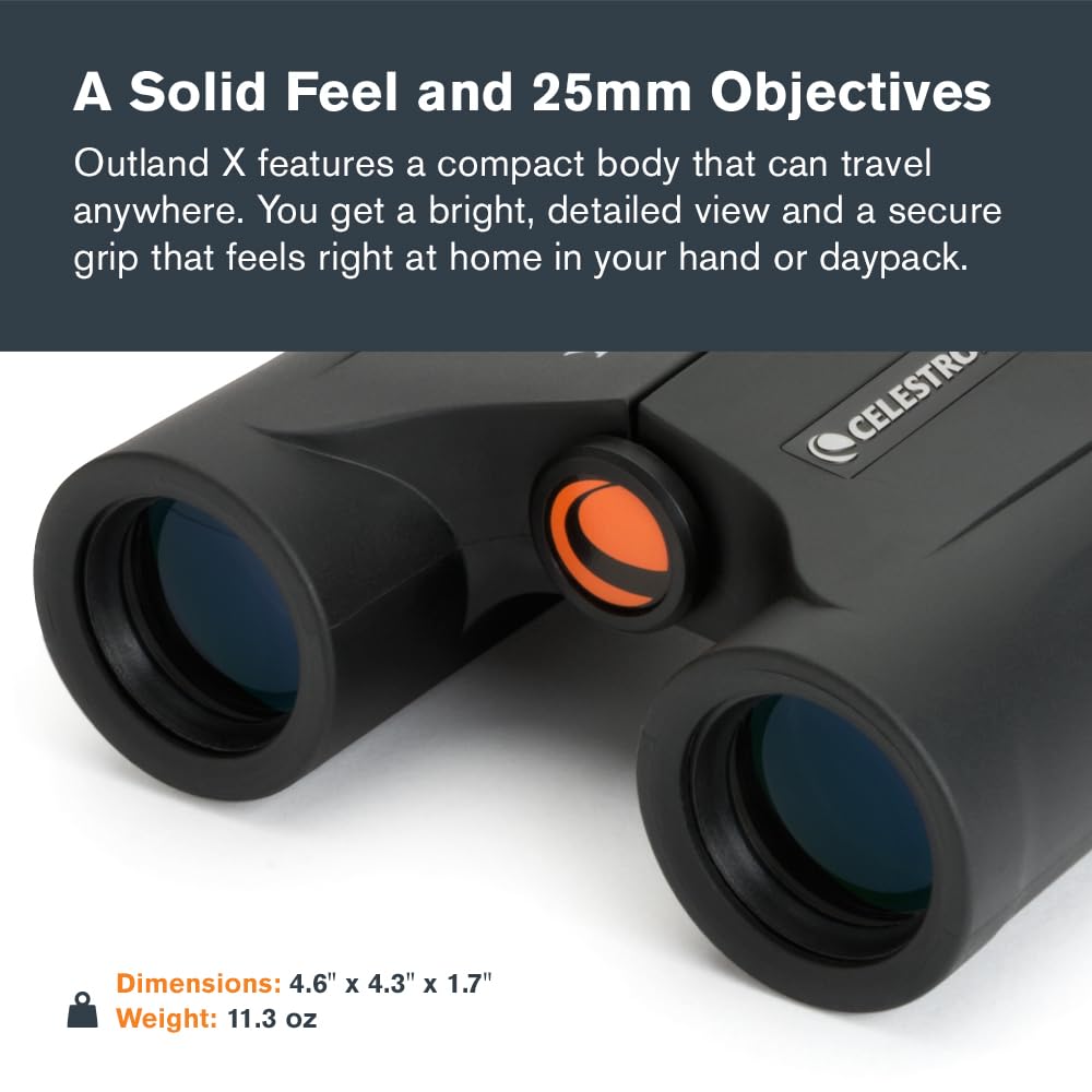Celestron - Outland X 10x25 Binoculars – Ideal for Birding and Outdoors – 25mm Objective Lenses – 6.2° Field of View – BaK-4 Prisms – Multi-Coated – Waterproof and Fogproof