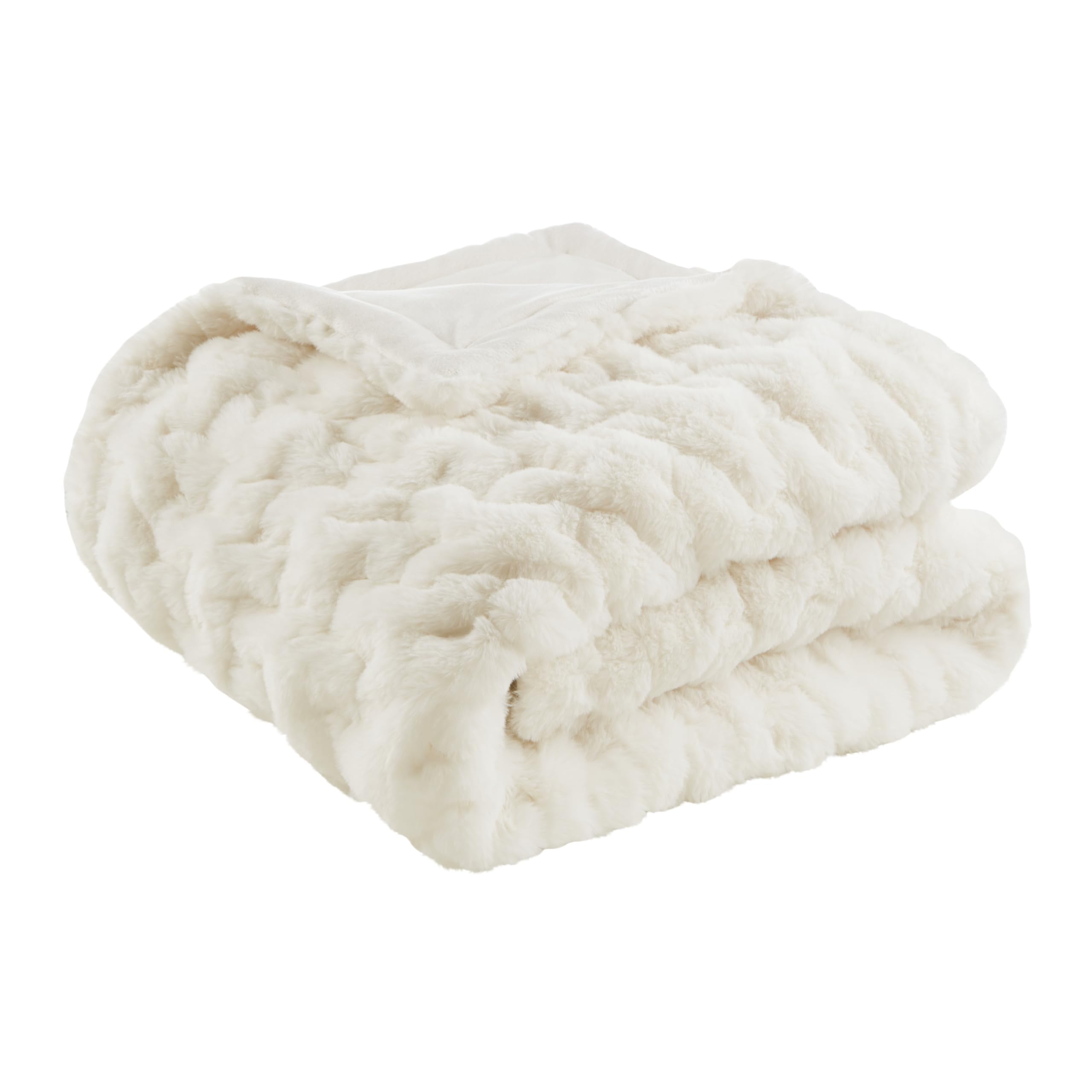 Madison Park Ruched Fur Luxury Throw Premium Soft Cozy Brushed Long Faux Fur For Bed, Couch or Sofa , 50x60" , Ivory