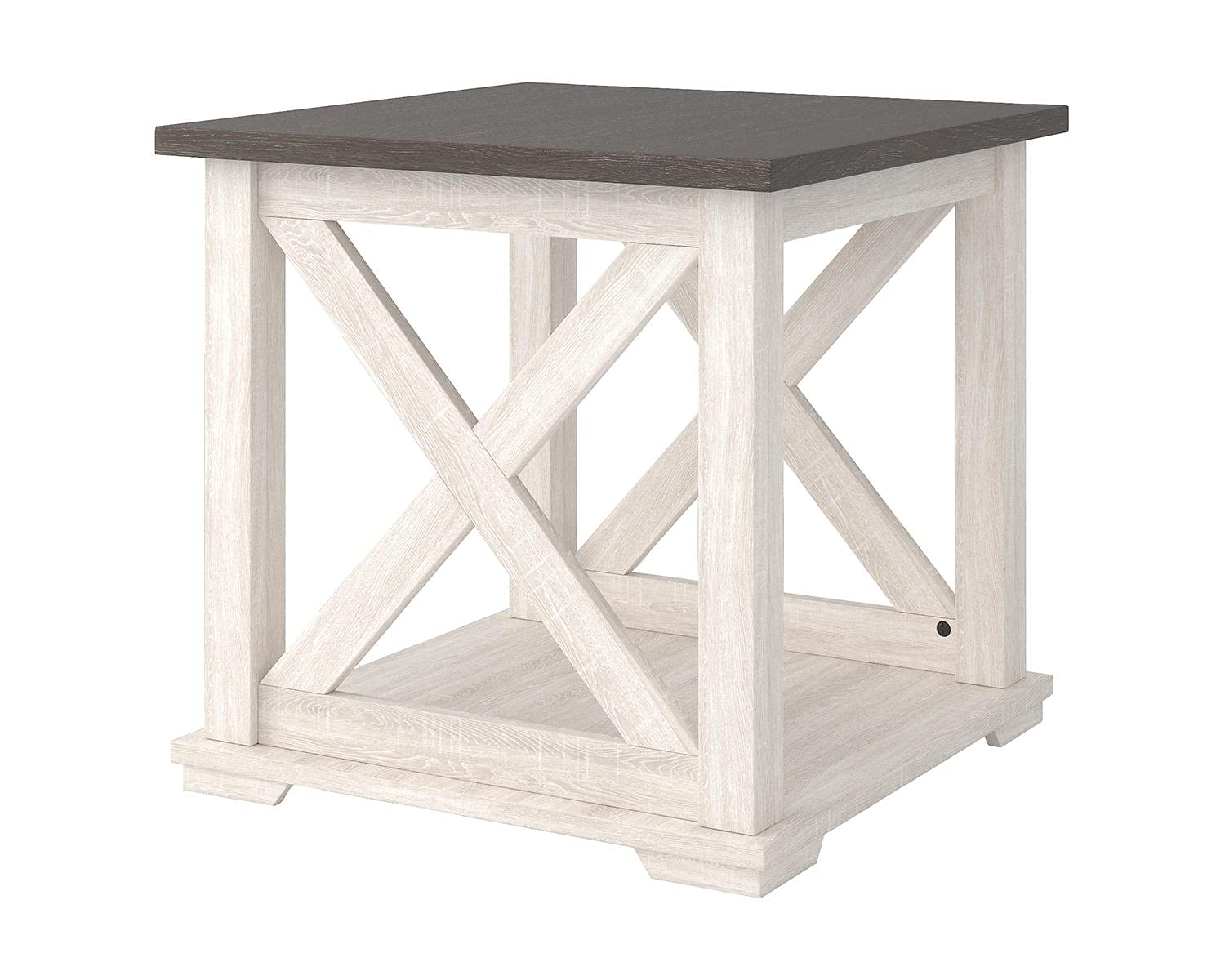 Signature Design by Ashley Aldwin Casual Farmhouse Rectangular End Table with Crossbuck Details, Metal Bracket Accents, Wood, 25" High, Weathered Gray