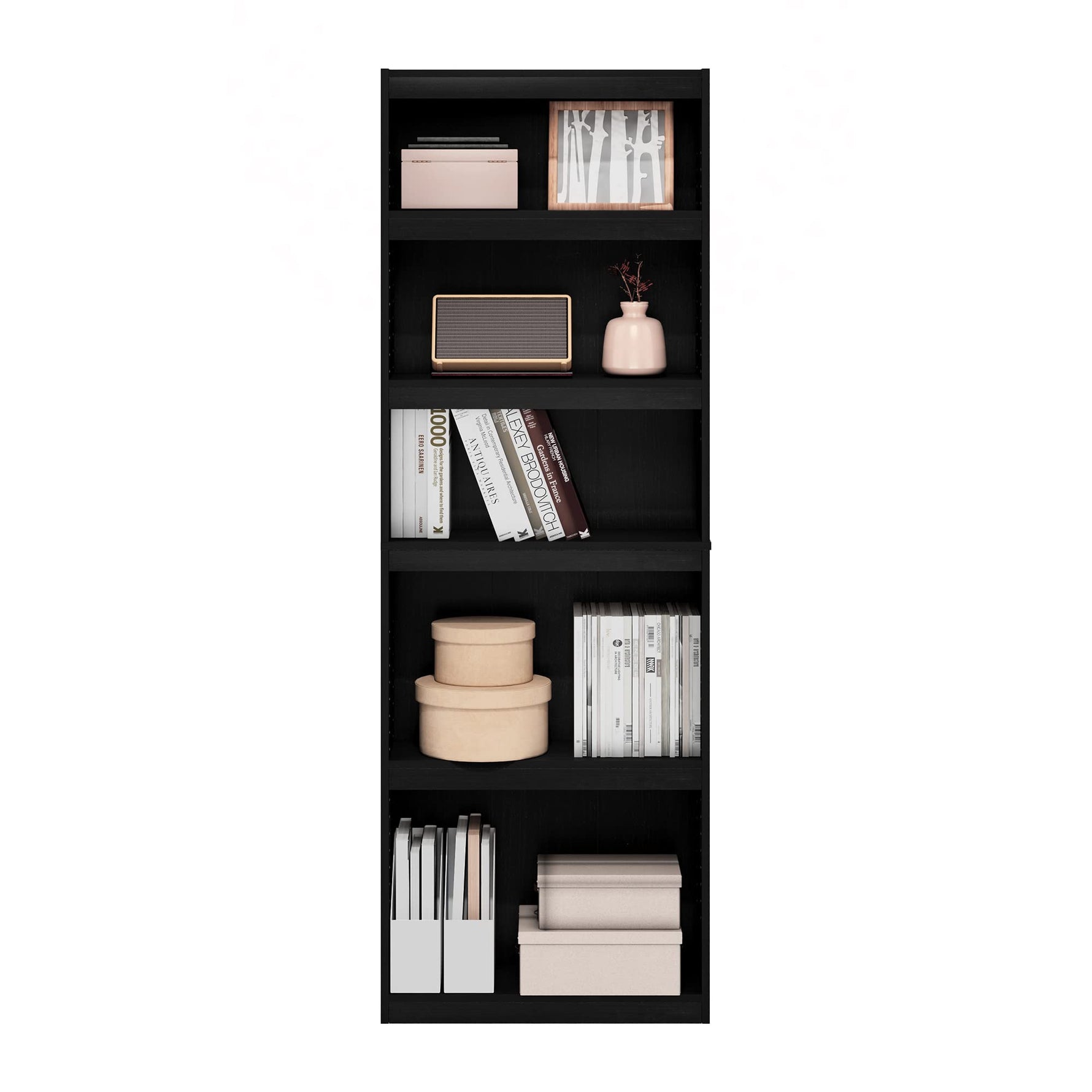 Furinno Jaya Book Shelf, 5-Tier Bookshelf, Bookcase with Adjustable Shelves, 9.5 x 24.5 x 71.2, for Organization and Storage, for Living Room, Bedroom, Home Office, Blackwood