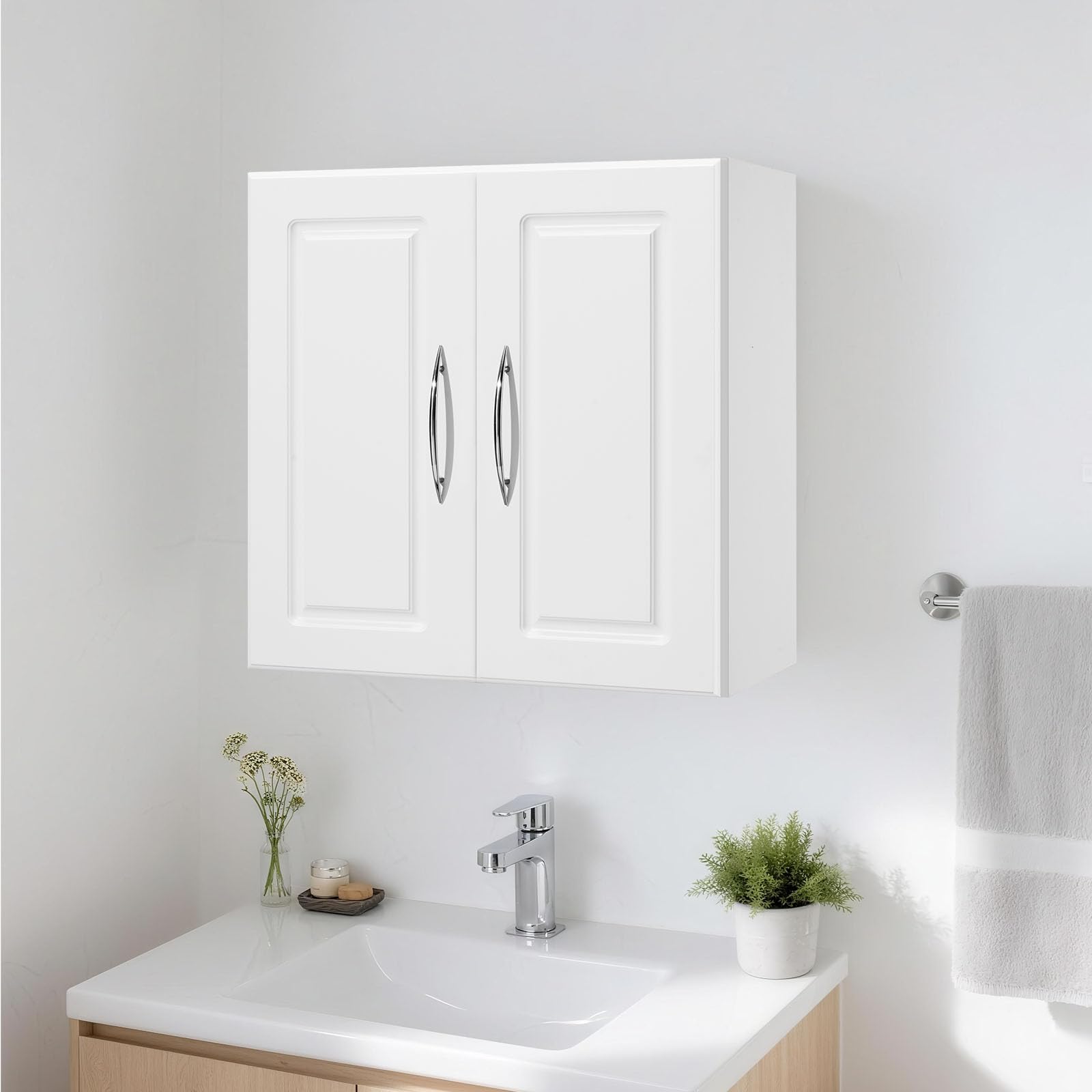 VEVOR Laundry Room Wall Cabinet, 2-Tier Wall Mounted Hanging Cabinet with Adjustable Shelf, Cupboard Storage with 2 Doors, for Kitchen, Bathroom, Laundry, 11.8 x 23.6 x 23.6 in (D x W x H), White