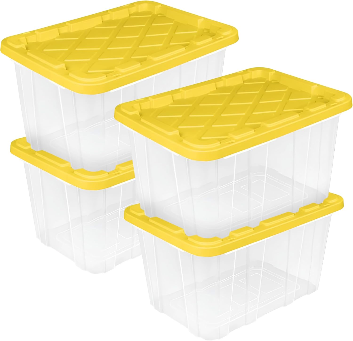 Sterilite Industrial Storage Tote with Lids for Garage, 27 Gallon, 4-Pack | Heavy-Duty and Stackable Utility Box Containers for Home, Office, and Basement Organization, Black/Yellow