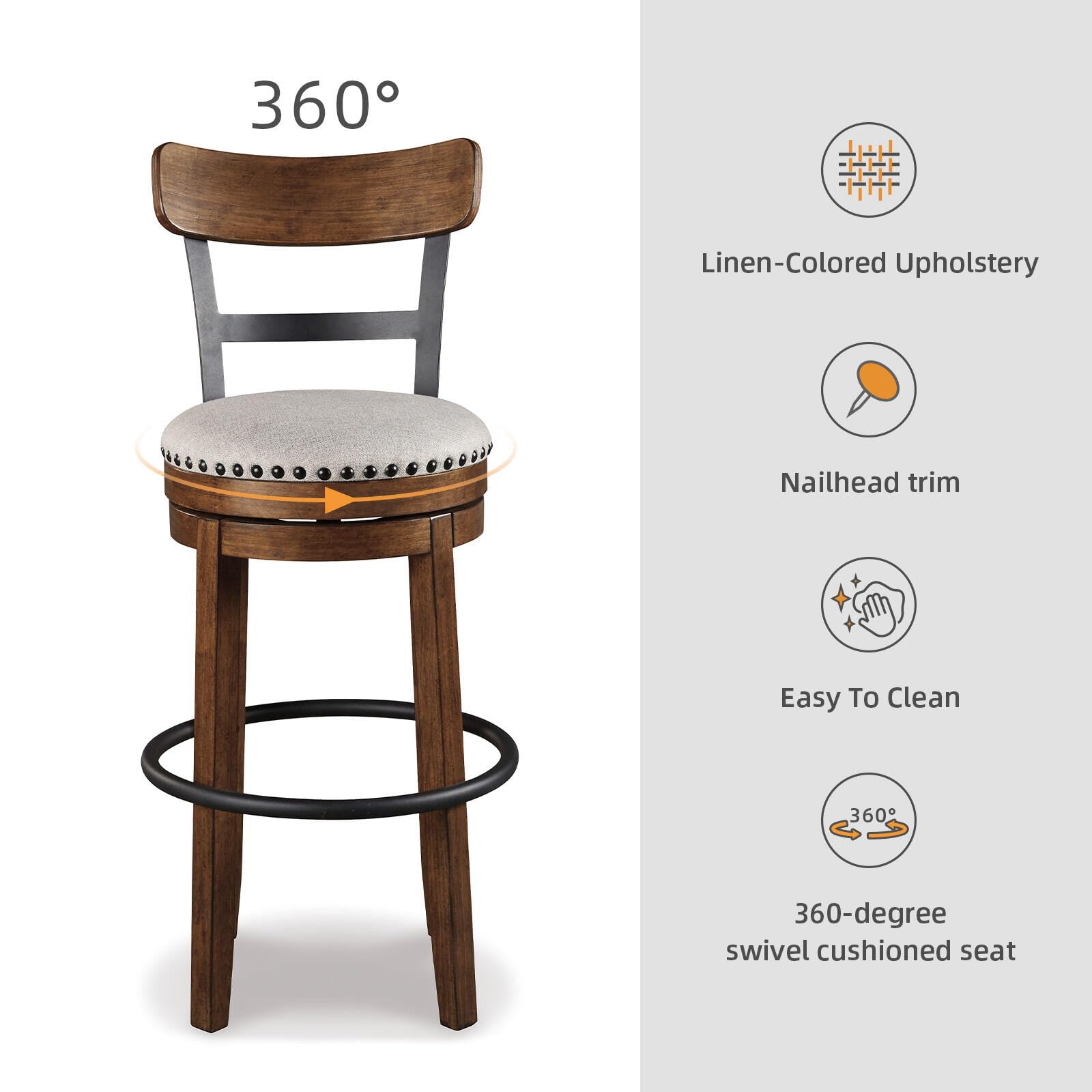 Signature Design by Ashley Valebeck Upholstered Swivel Stool, Cushioned Seat, Woven Fabric Upholstery, Wood, 24" H, Brown & Black