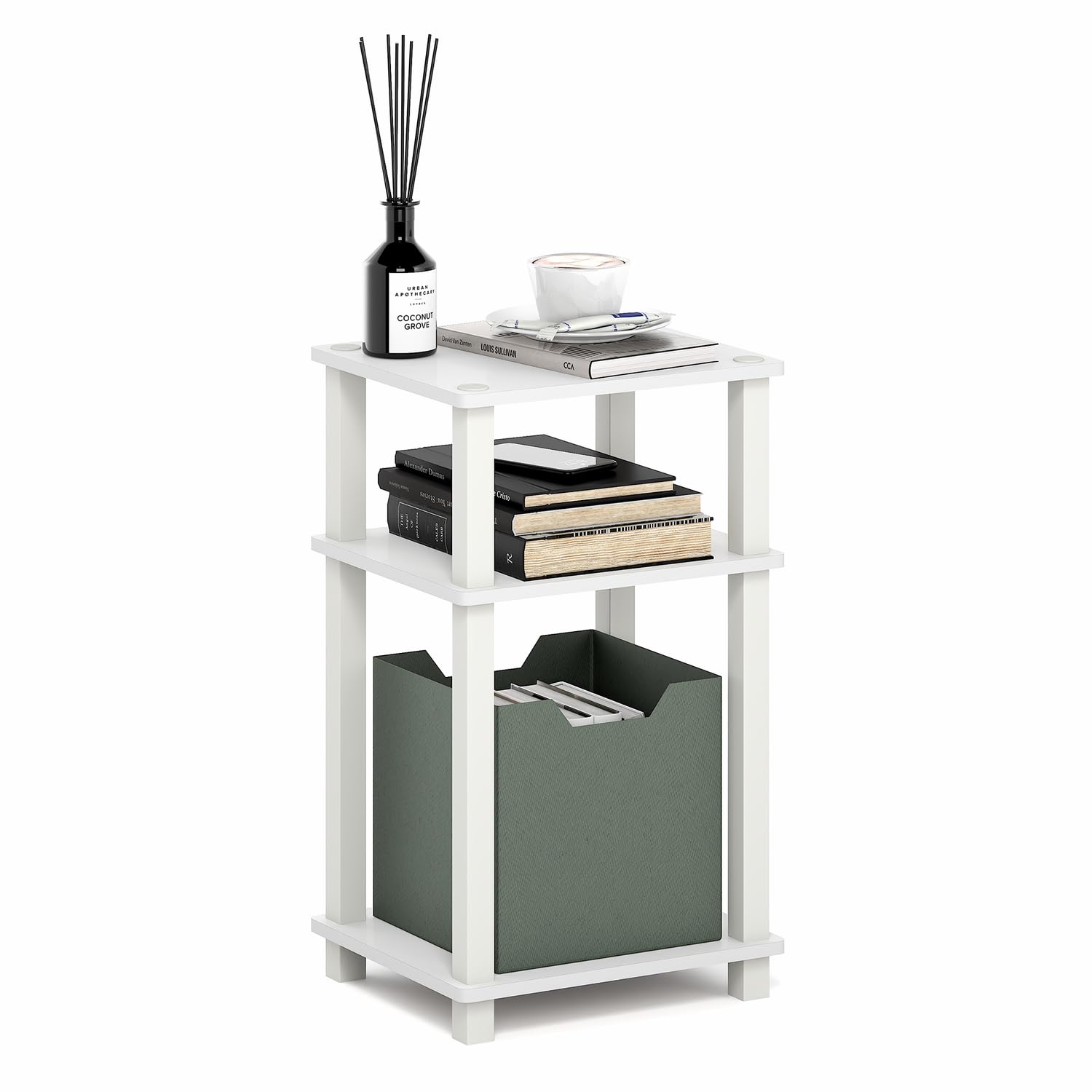 Furinno JUST Side Table, 3-Tier End Table, Open Shelves Night Stand, Bedside Table, Toolless Assembly, for Living Room, Bedroom, Bathroom, Columbia Walnut