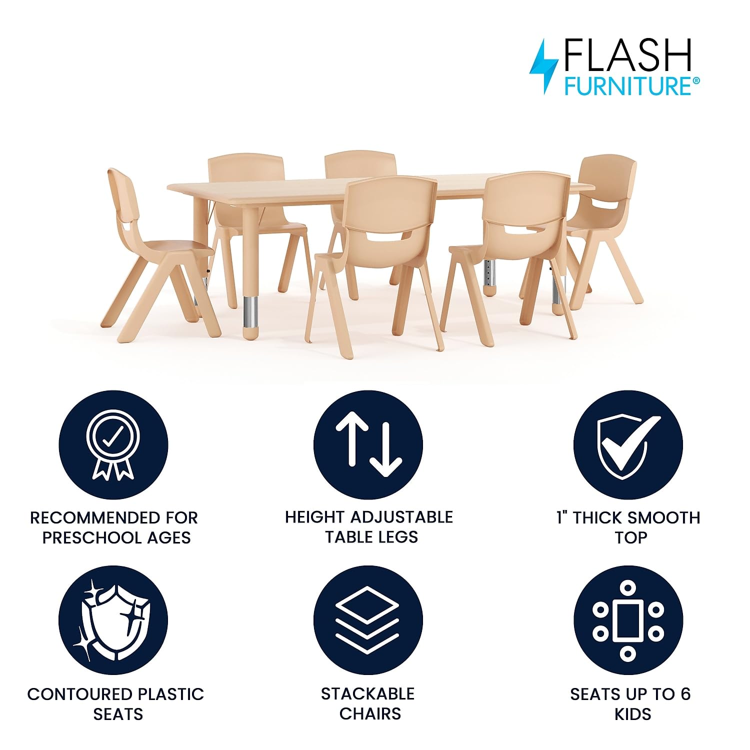 Flash Furniture Emmy Adjustable Classroom Activity Table with 6 Stackable Chairs, Plastic Activity Table for Kids, 23.625" W x 47.25" L, Blue/Gray