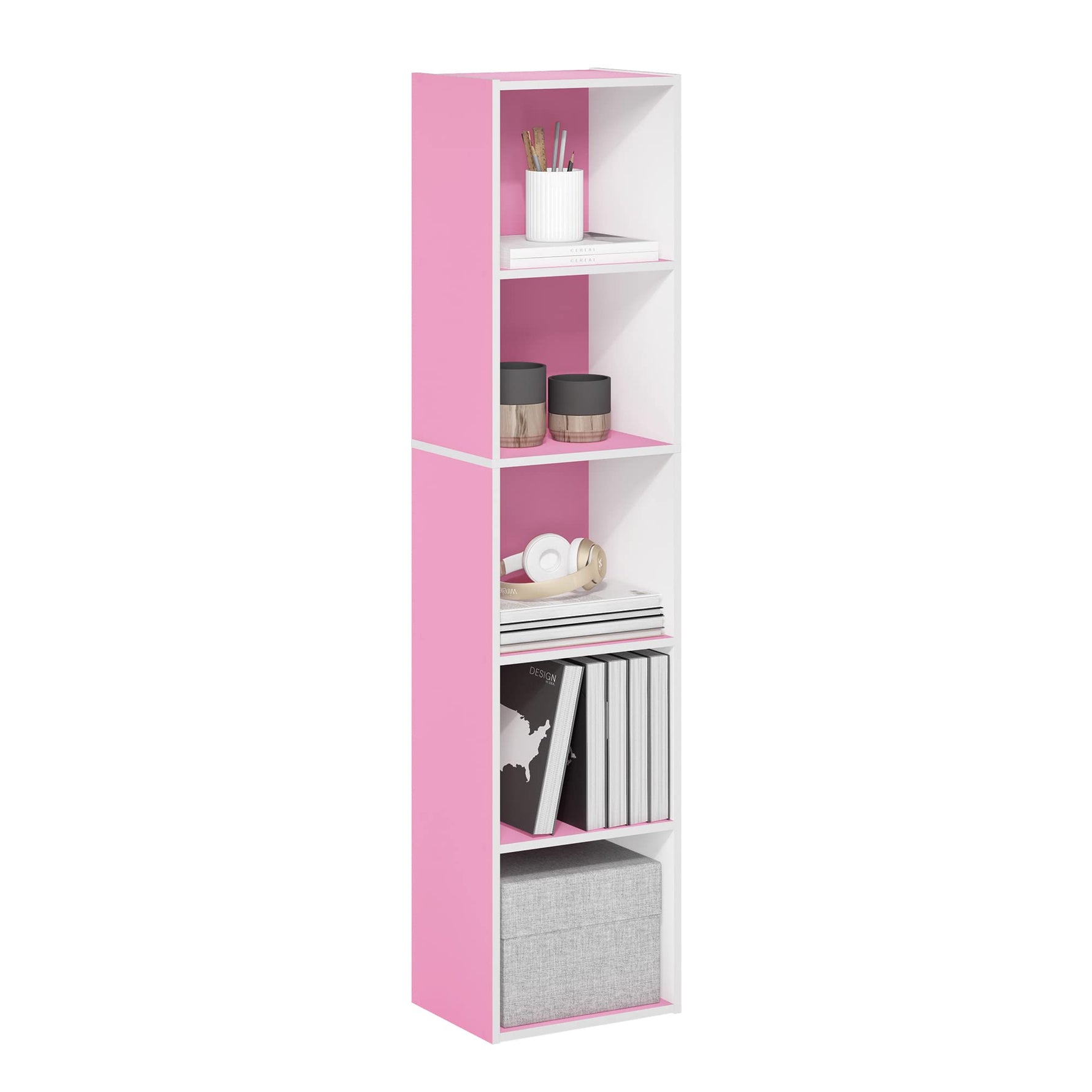 Furinno LUDER Book Shelf, 5-Cube Bookshelf, Reversible Bookcase, 9.4 x 19.5 x 31.5, Easy Assembly, for Living Room, Bedroom, Home Office, White